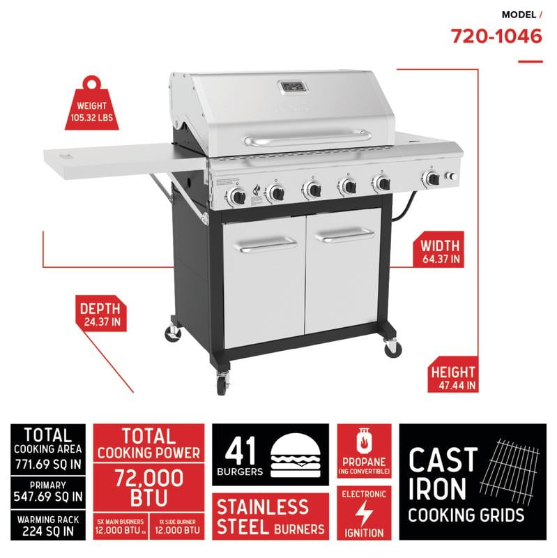Nexgrill Deluxe 5-Burner Propane Gas Grill with Side Burner and Foldable Table (Silver, 771 sq in) bz3sw