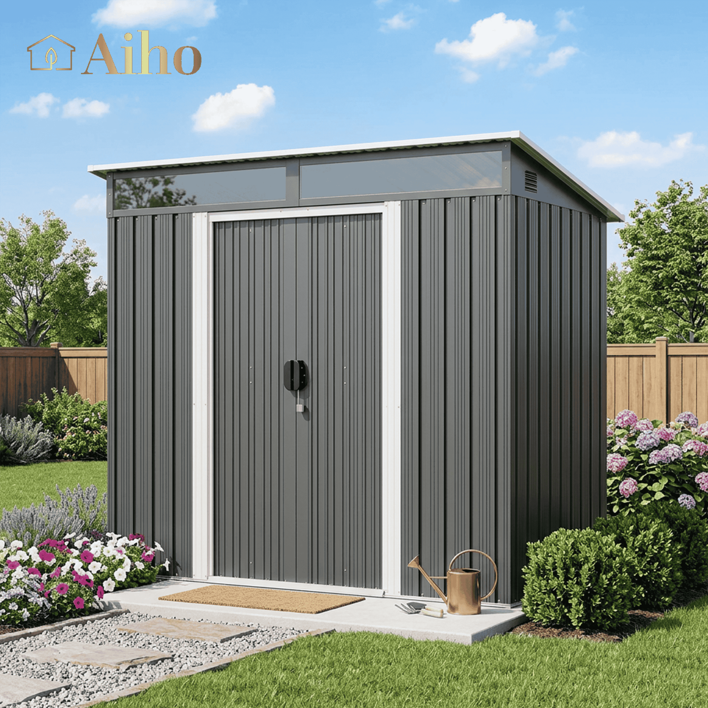 Aiho Metal Outdoor Storage Shed, Lockable Garden Tool House with Transparent Roof Panels and Vents (Dark Gray, 6 ft x 4 ft) ss3xs