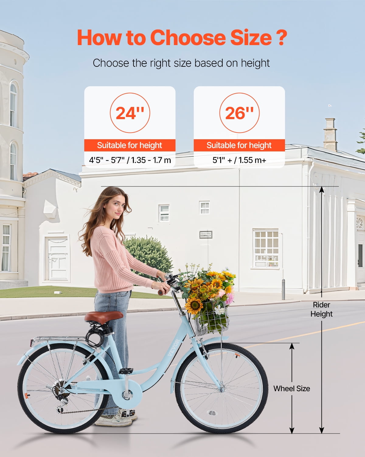 VEVOR 7-Speed Beach Cruiser Bike, 24-Inch Wheel Comfort Bicycle with Basket and Rear Rack (Light Blue, 24 in) f8yng