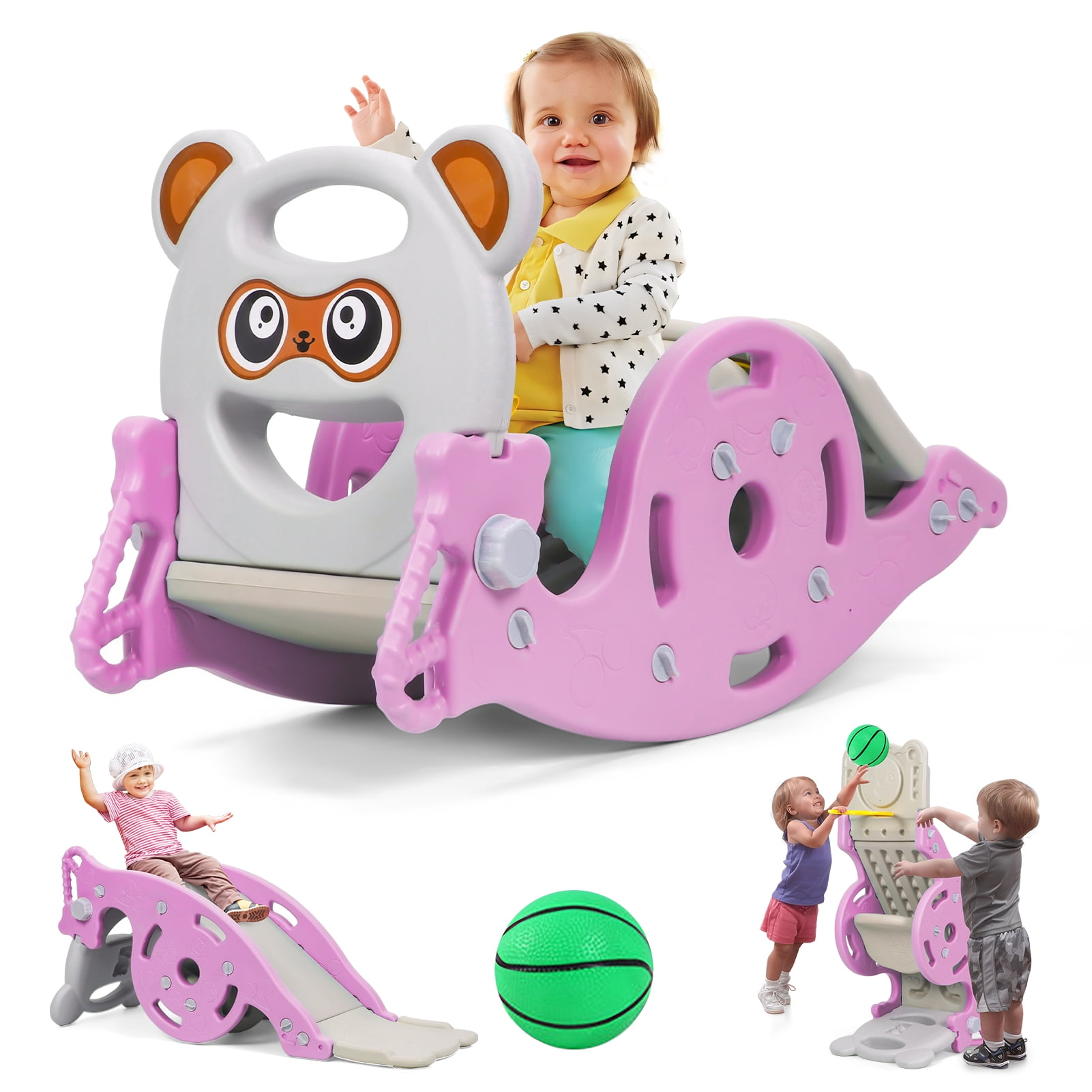 Anvazise 4-in-1 Kids Activity Center, Convertible Rocking Horse and Slide with Basketball Hoop (Green) oetqu