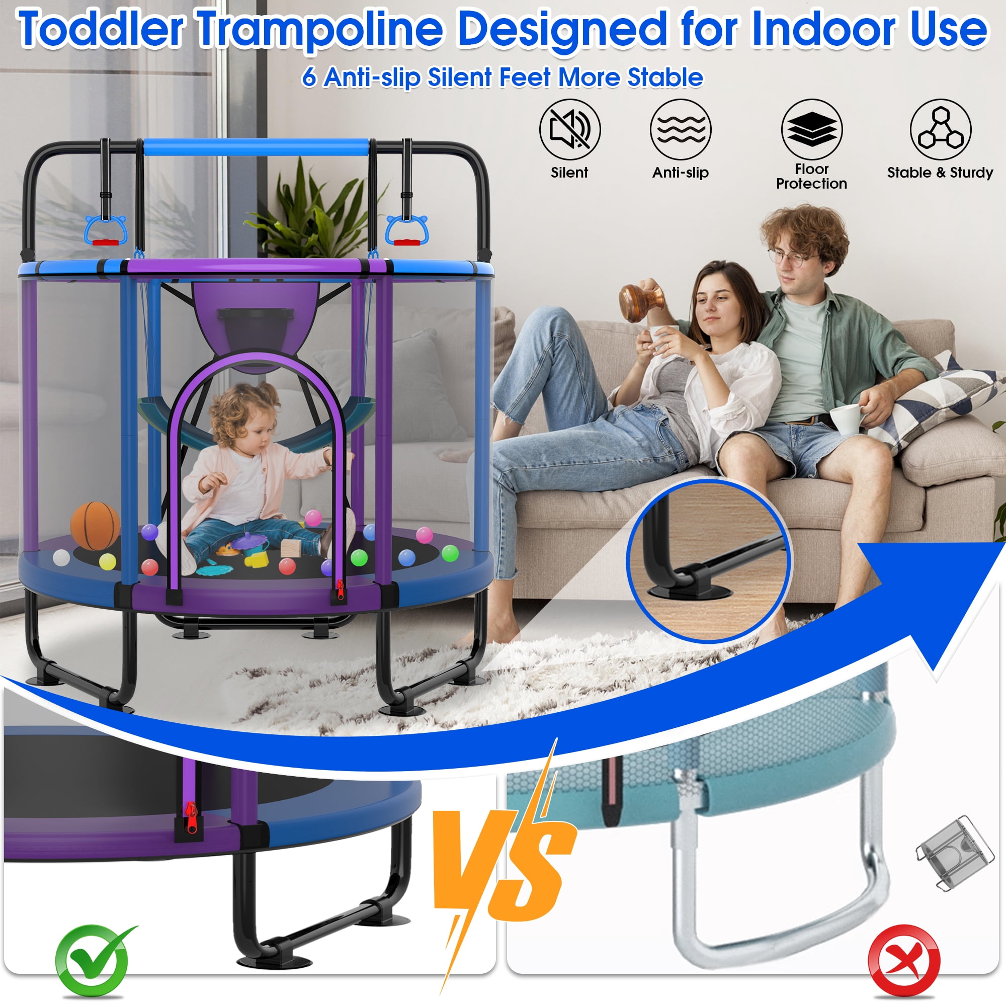 Cochan Kids Trampoline with Enclosure Net and Adjustable Gymnastics Bar (Blue, 5 ft) sq8dr