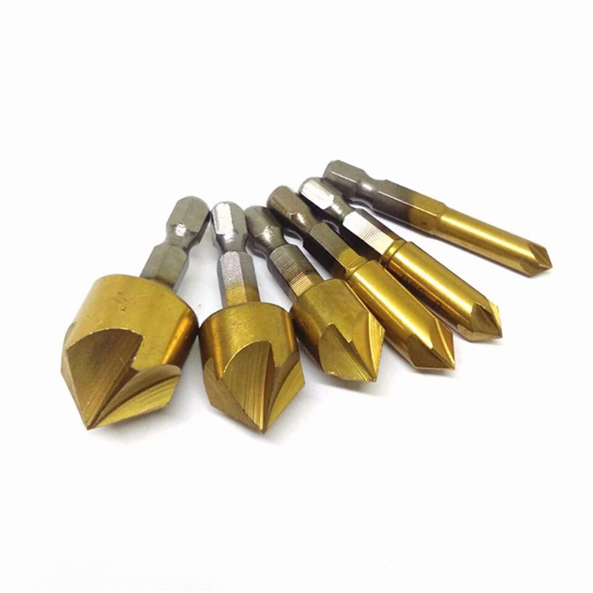 KLYNE 6-Piece Countersink Drill Bit Set, 5-Flute 90-Degree Chamfer Cutter for Wood and Metal (6mm to 19mm) rr9jv