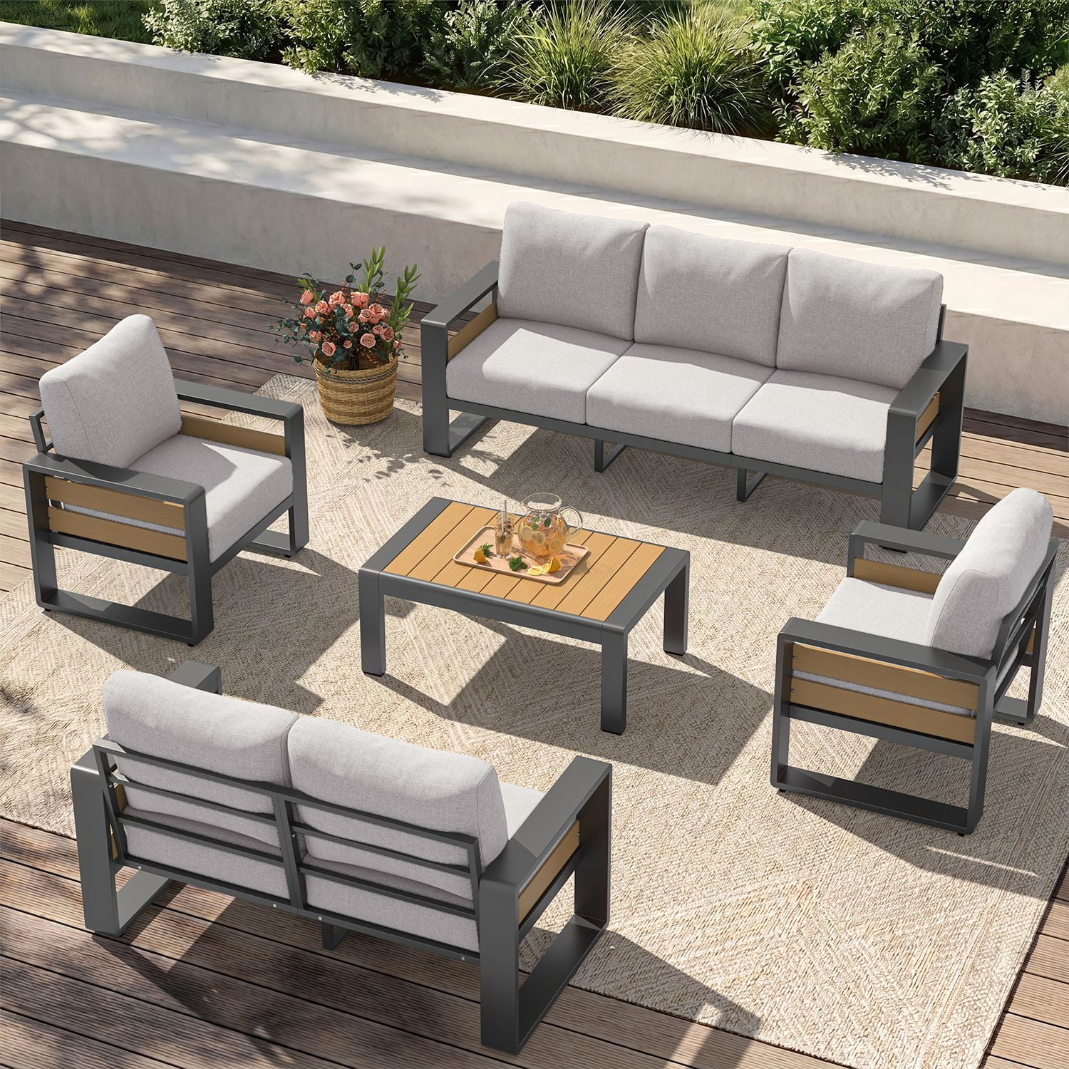 CLOUDDWELL 7-Piece Aluminum Patio Furniture Set, Outdoor Metal Sofa Conversation Set with Coffee Table (Light Gray, 7-Seat) 1r67y