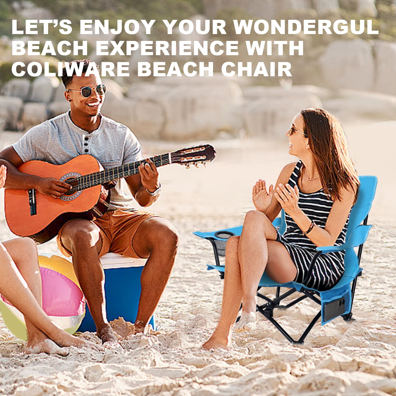 Coliware Folding Backpack Beach Chair, Heavy-Duty Portable Camping Chair with Cup Holder (Blue, 17.5 x 17.7 x 26.2 in) 21um3