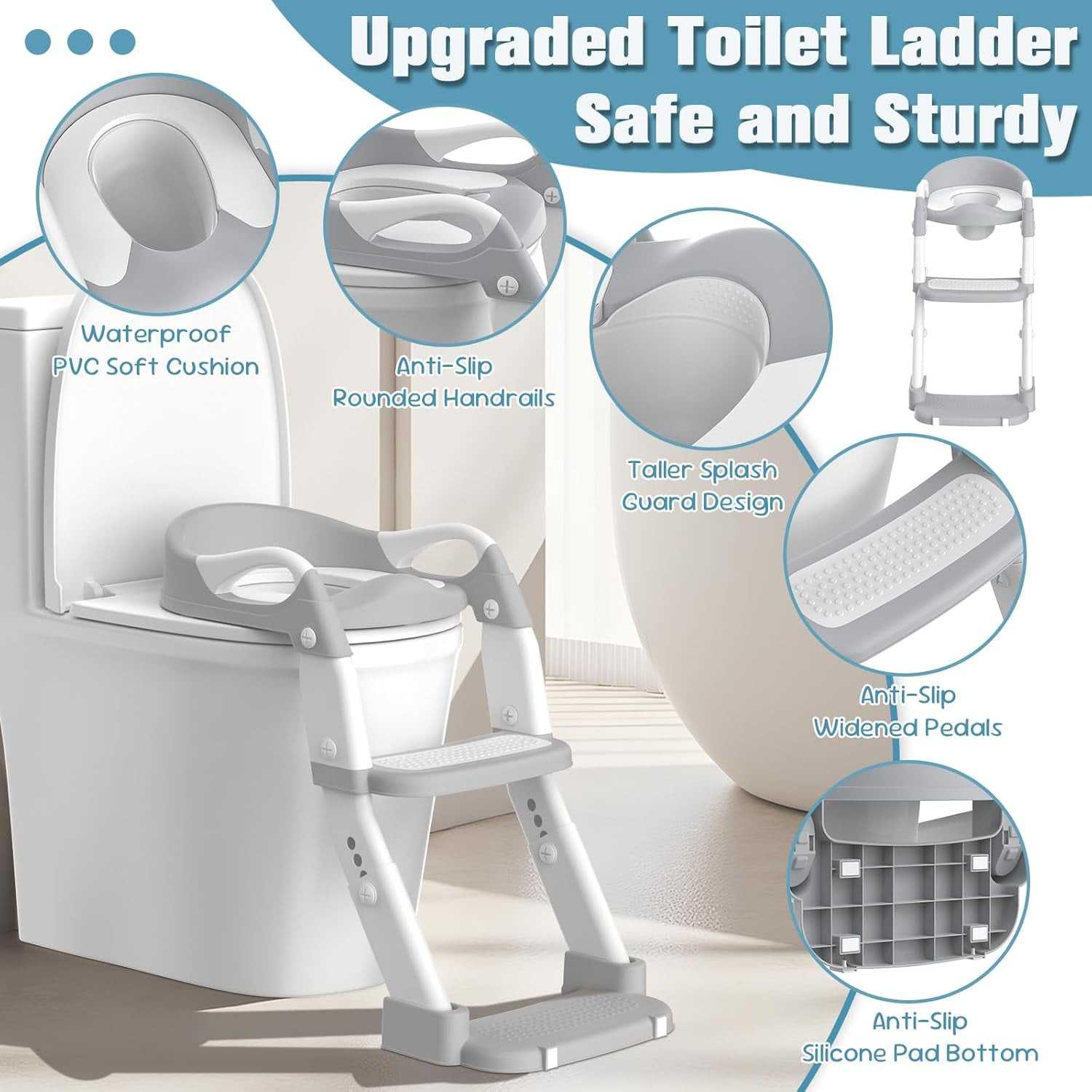 Gijjgole 3-in-1 Potty Training Seat with Step Stool Ladder, Adjustable Toddler Toilet Trainer with Splash Guard (Grey) 0ujaf