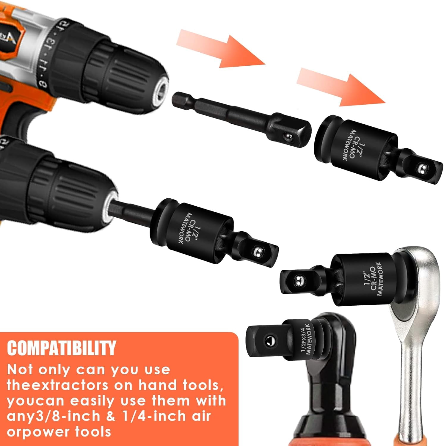 Matework 17-Piece Impact Socket Adapter and Universal Joint Set (1/4 in, 3/8 in, 1/2 in Drive) xv7x6