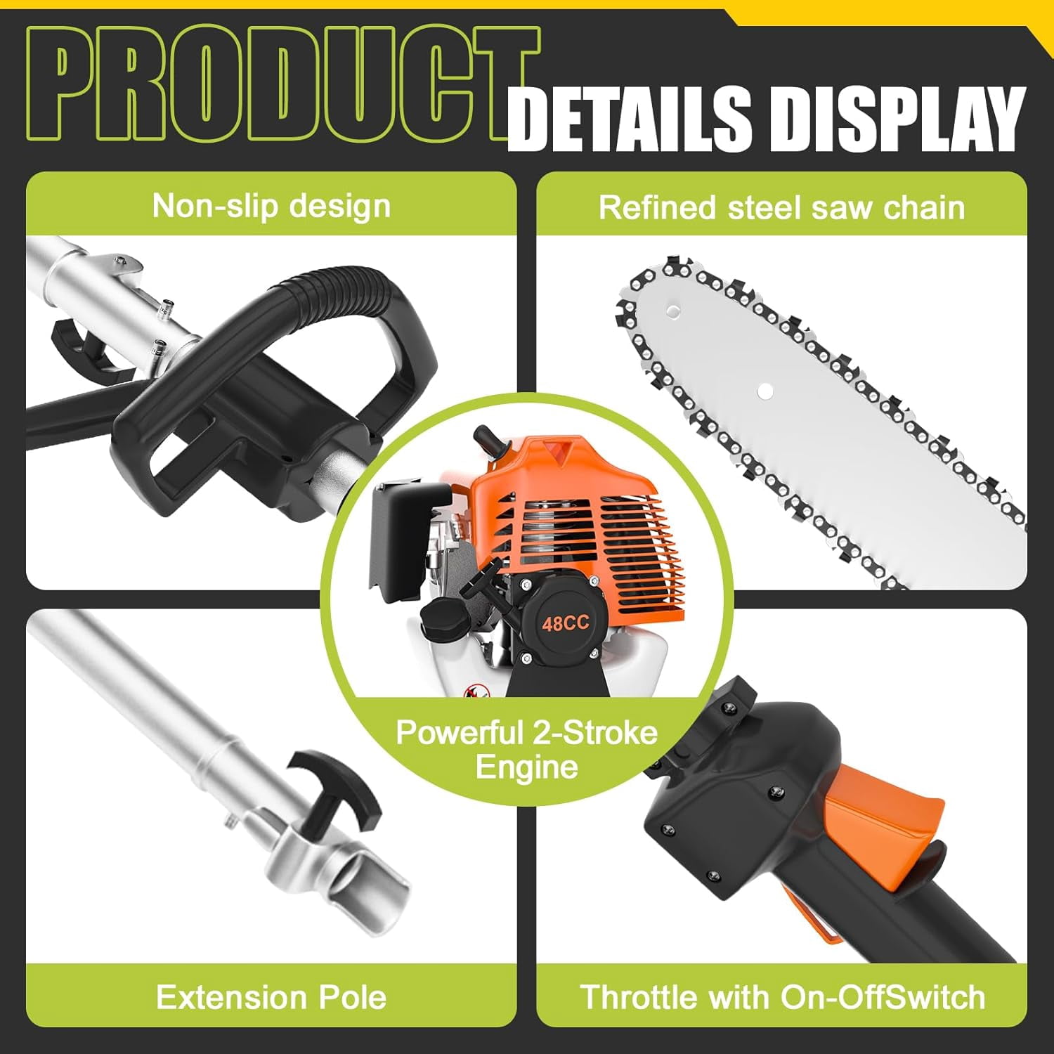 Yotree 48cc 2-Cycle Gas Powered Pole Saw, Telescoping Extension Chainsaw for Tree Trimming (Orange, 16 ft Reach) 37ywa