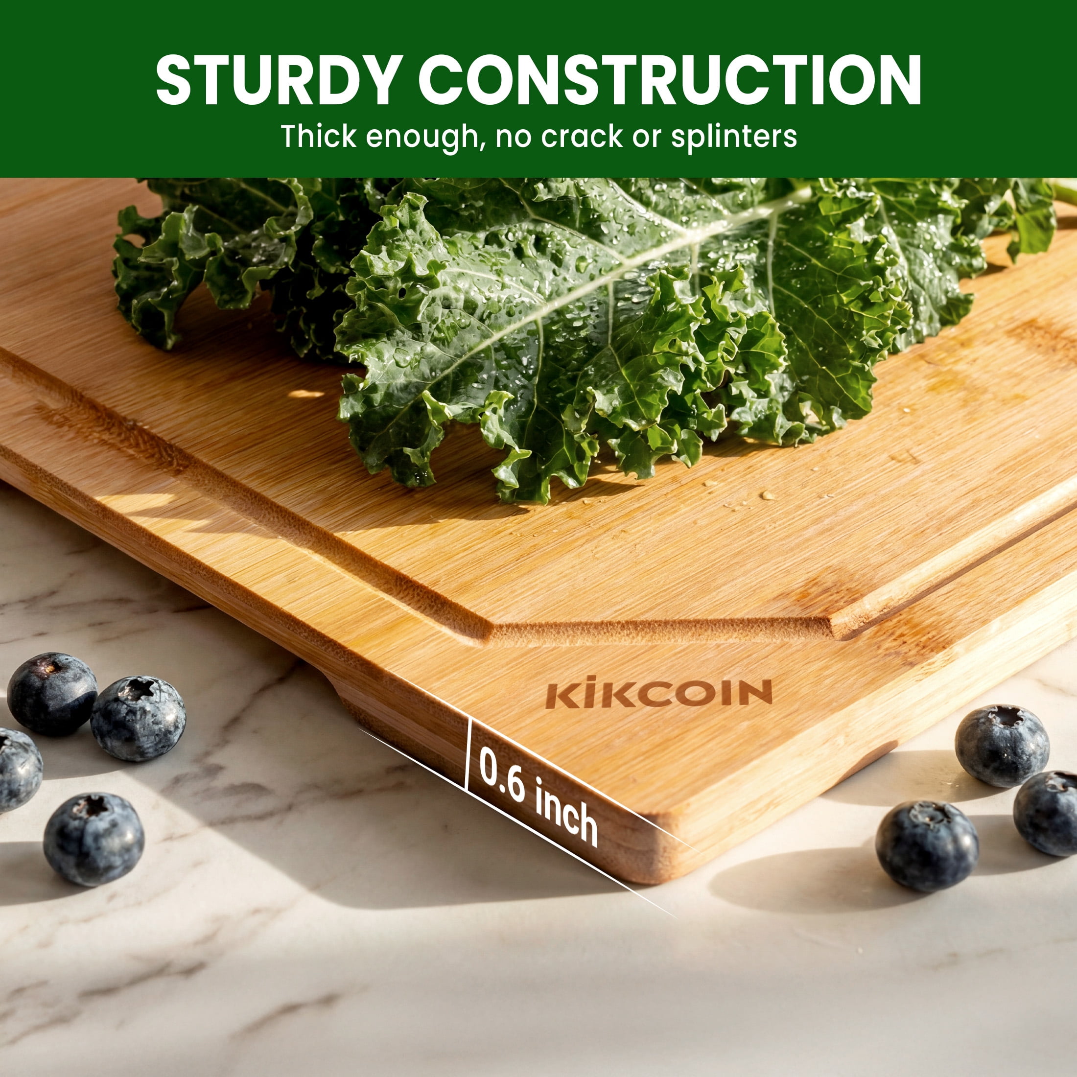 Kikcoin Bamboo Cutting Board for Kitchen, Reversible with Deep Juice Groove and Built-in Handle (17.1 in x 11.4 in) m0vsr