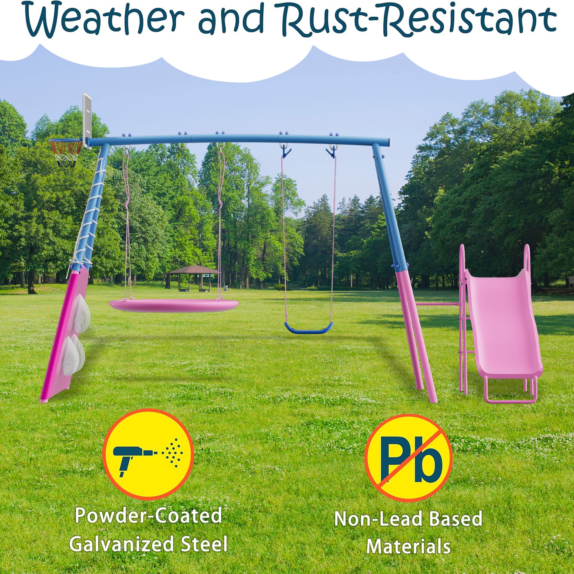 Shengchao Trade Kids Outdoor Metal Swing Set with Slide and Basketball Hoop (Pink, 440 lb) ds88a