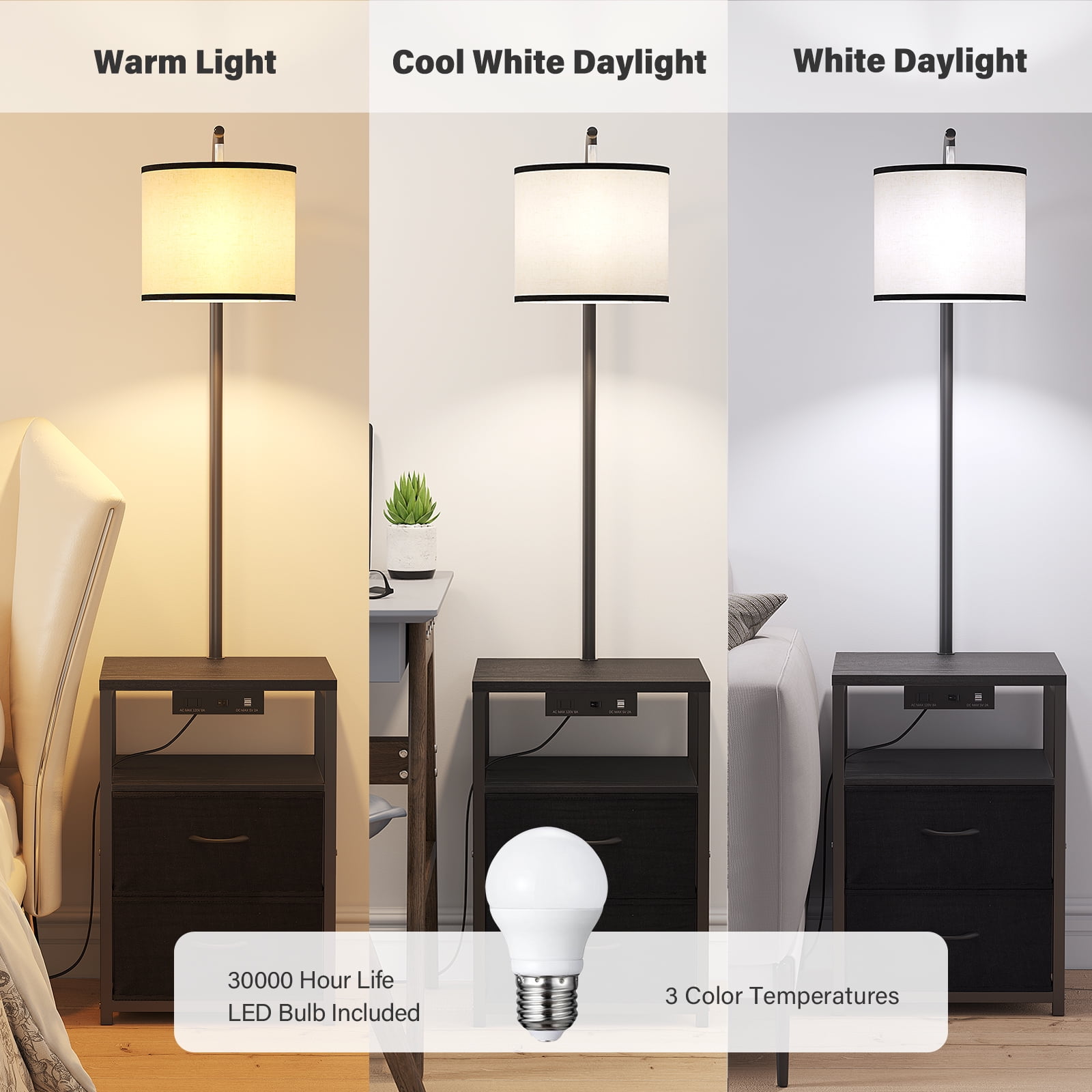 SUNMORY Floor Lamp with Side Table and 2 Drawers, Charging Station with USB Ports and Outlet, LED Bulb Included (Black) o1fik