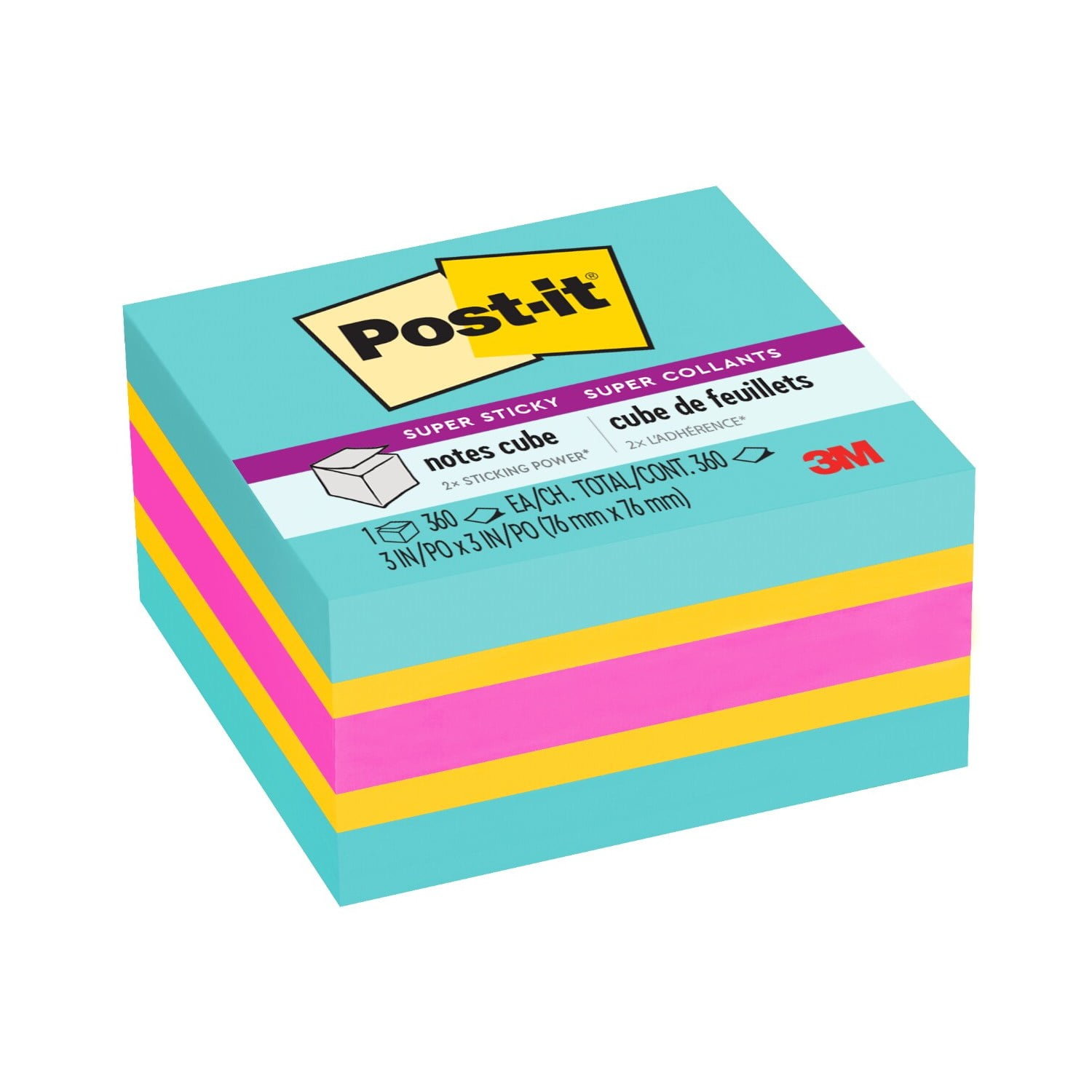 Post-it Super Sticky Notes Cube, Extra Adhesive Reminders, Assorted Bright Colors (3 in x 3 in, 360 Sheets) 2m83s