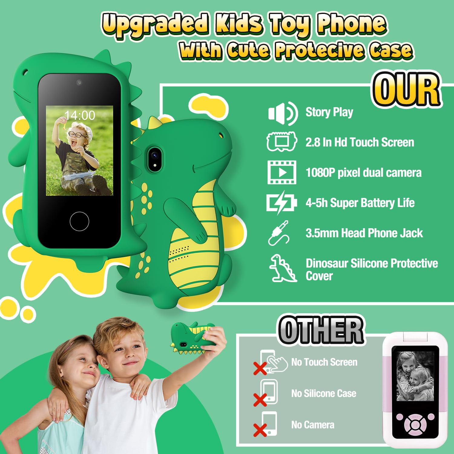 Gofunly Kids Smartphone Toy with Dual Camera and 32GB SD Card (Green, 2.8 in) 6d9p7
