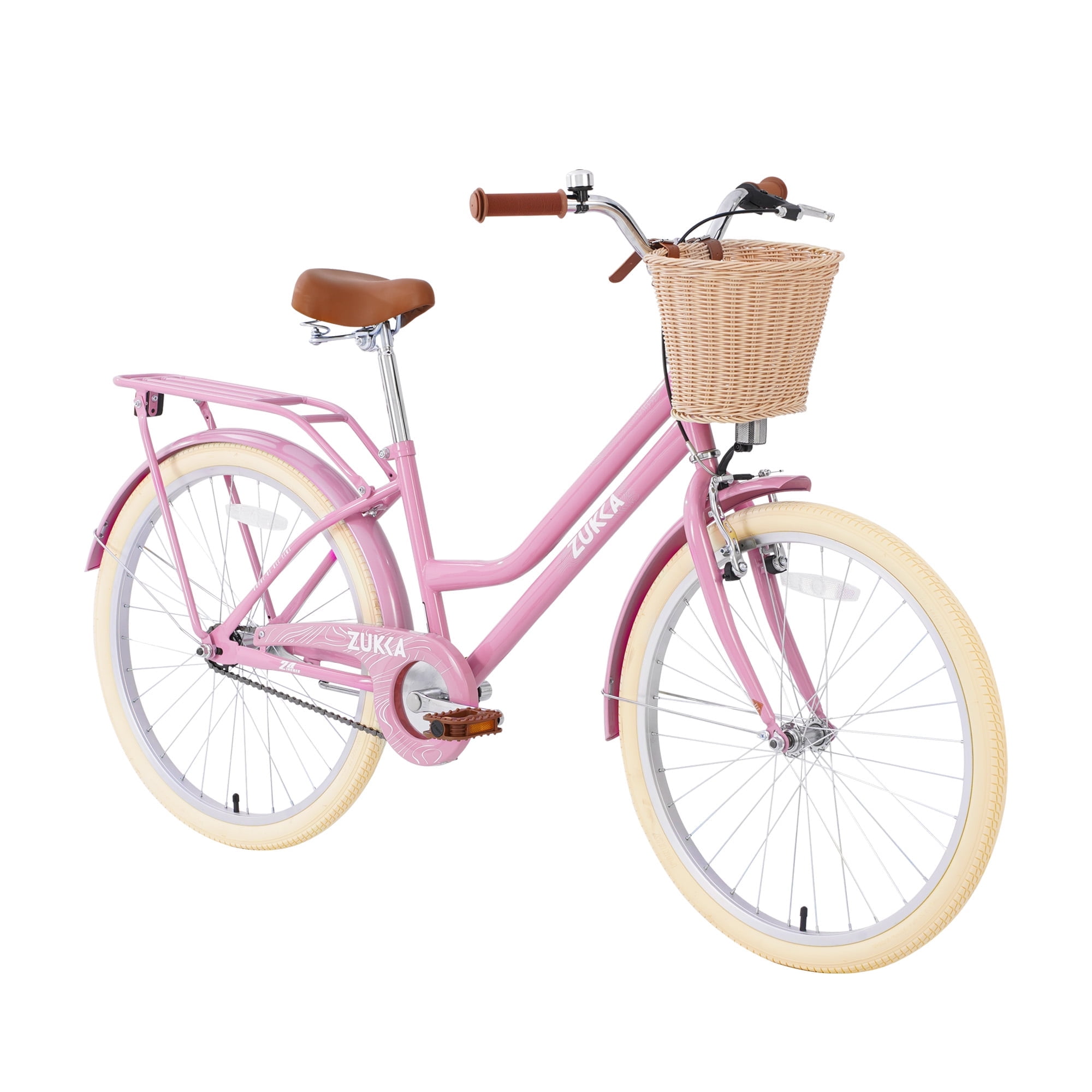 Zukka 24 inch Cruiser Bike City Commuter Bicycle with Woven Basket (Light Pink, 24 in) z0oyt