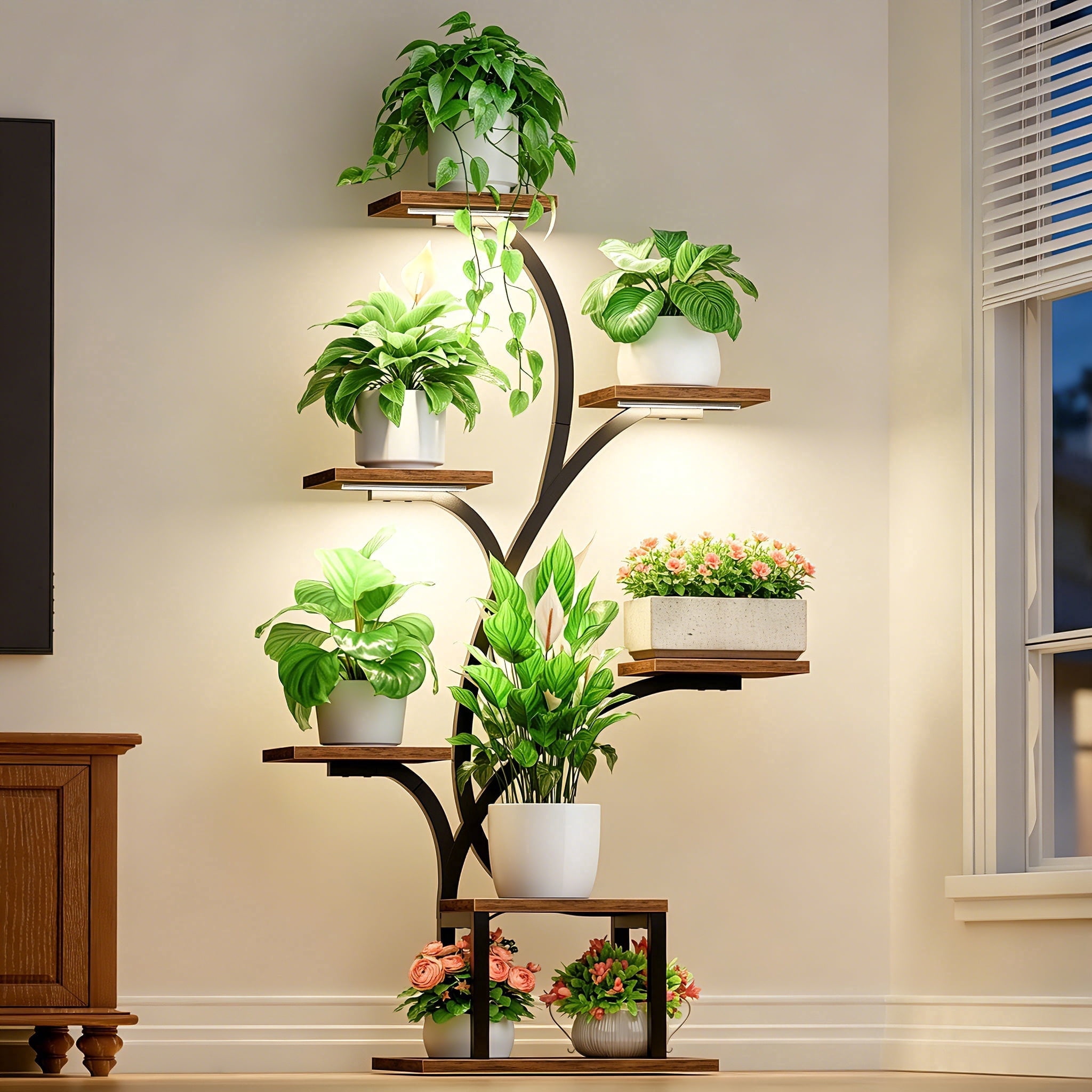 BECOKOME 7-Tier Indoor Plant Stand with LED Grow Lights, Vertical Corner Flower Display Rack (Black, 49 in) 4qr55