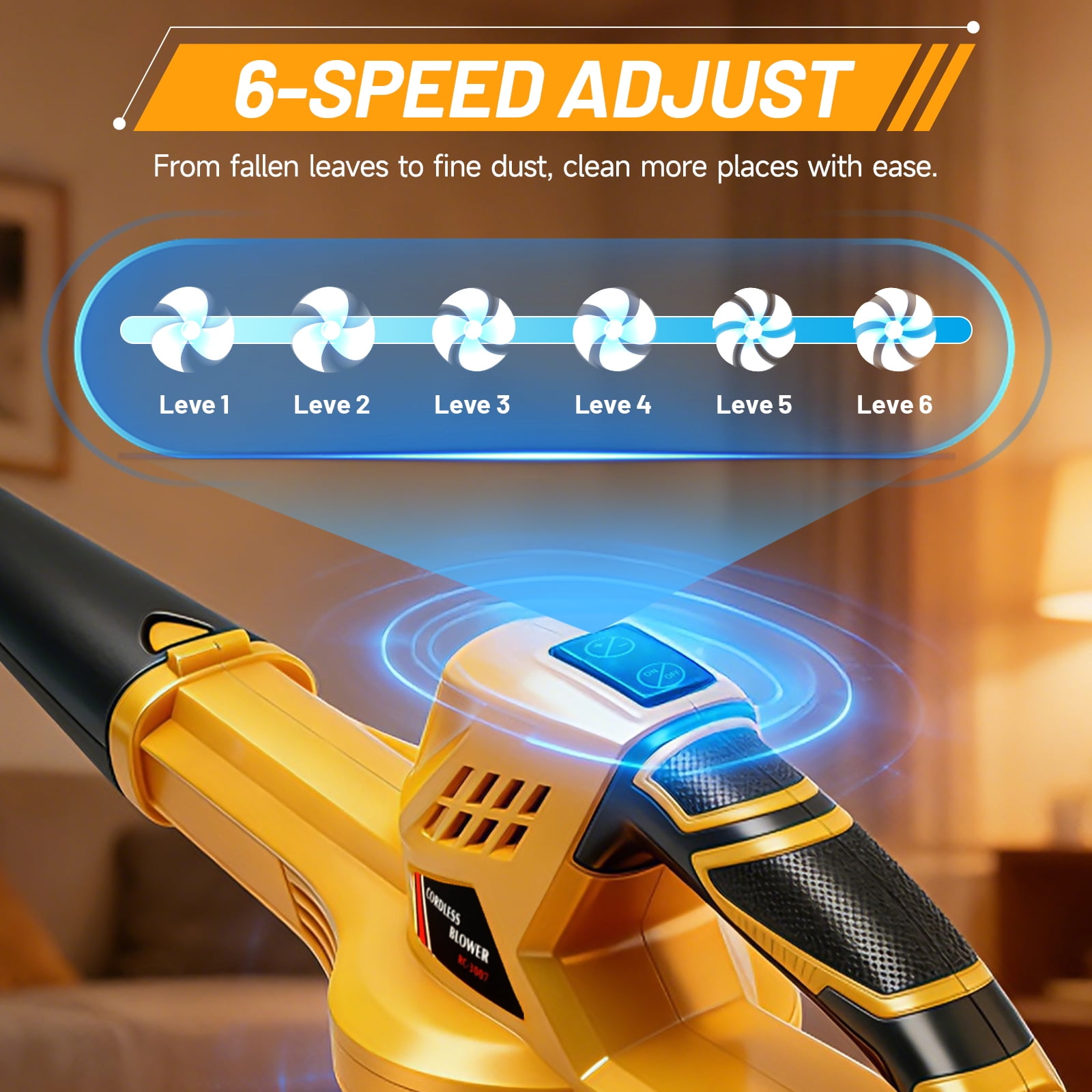 BAOKALER Cordless Leaf Blower, 6-Speed Electric Sweeper with 2 Batteries (Yellow, 3.5 lb) sw07u