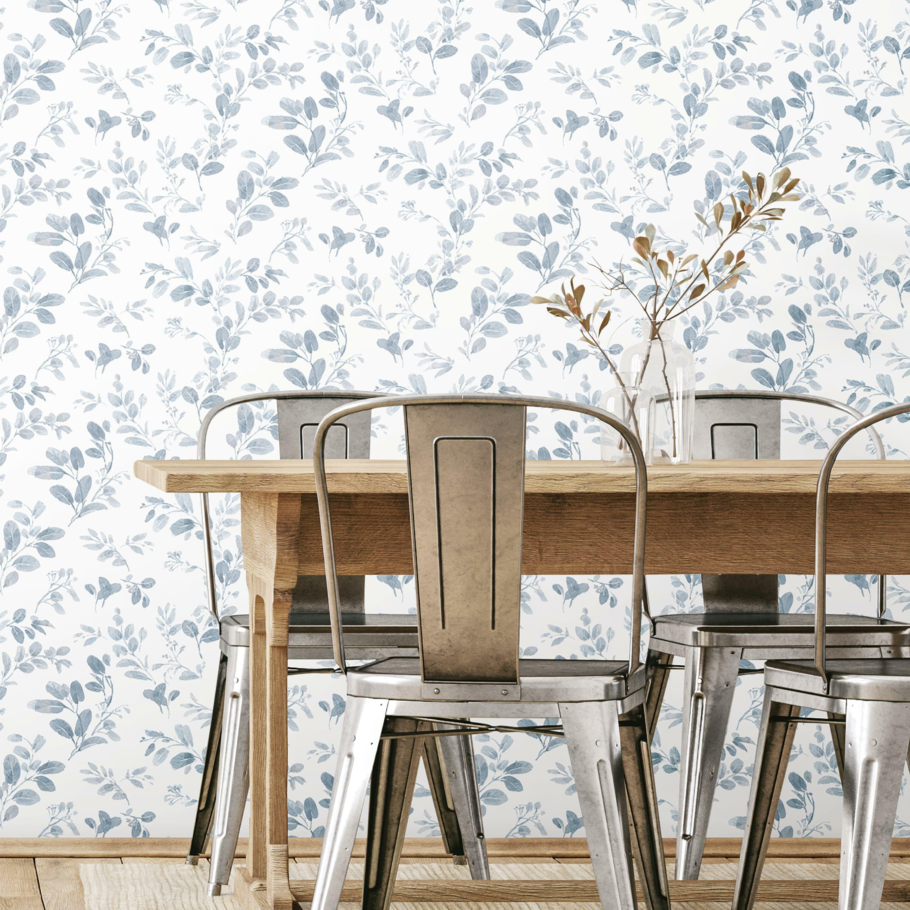 RoomMates Dancing Leaves Peel and Stick Wallpaper (Blue, 20.5 in x 18 ft) az45p