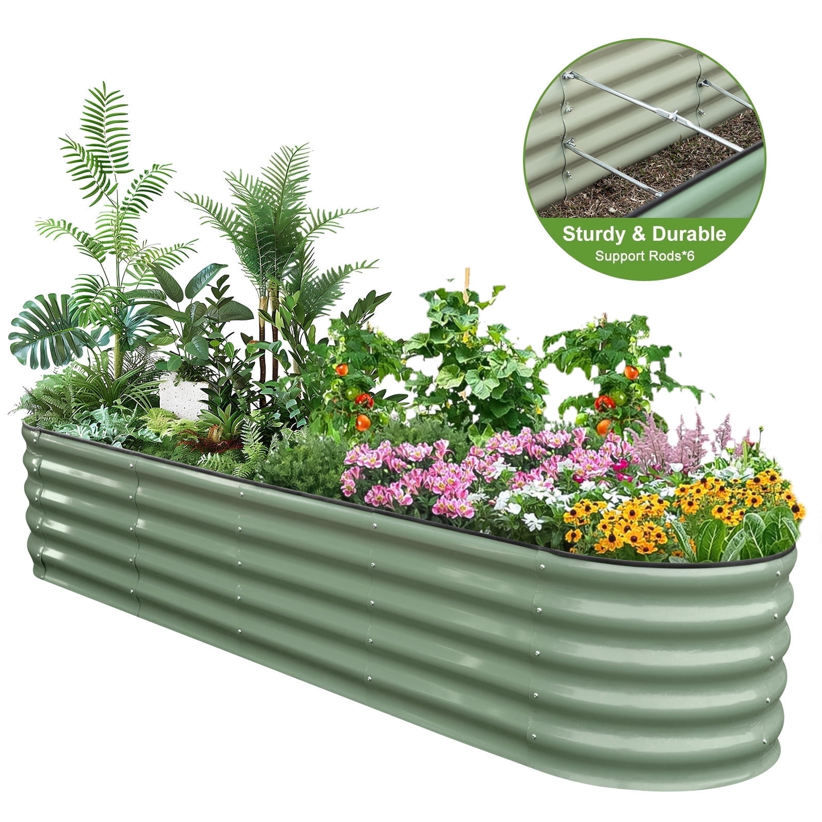 Hoofun Raised Garden Bed Kit, Oval Metal Outdoor Planter with Rust Resistant Coating (Olive Green, 8ft x 2ft x 17in) 0jeg0