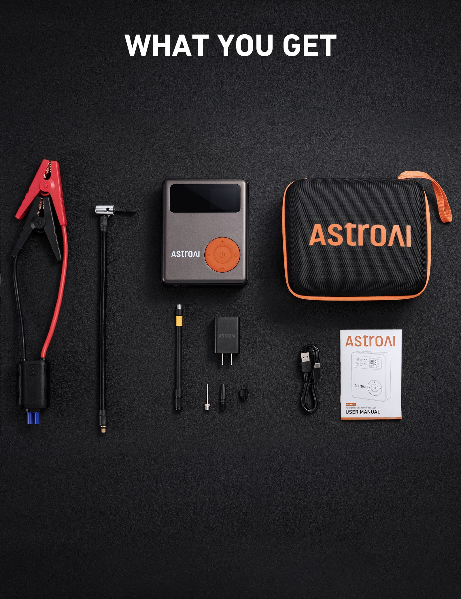 AstroAI Portable Jump Starter with Air Compressor, 1750A Peak 12V Battery Booster and Tire Inflator (Orange, 6.1 x 4.9 x 1.9 in) egn80