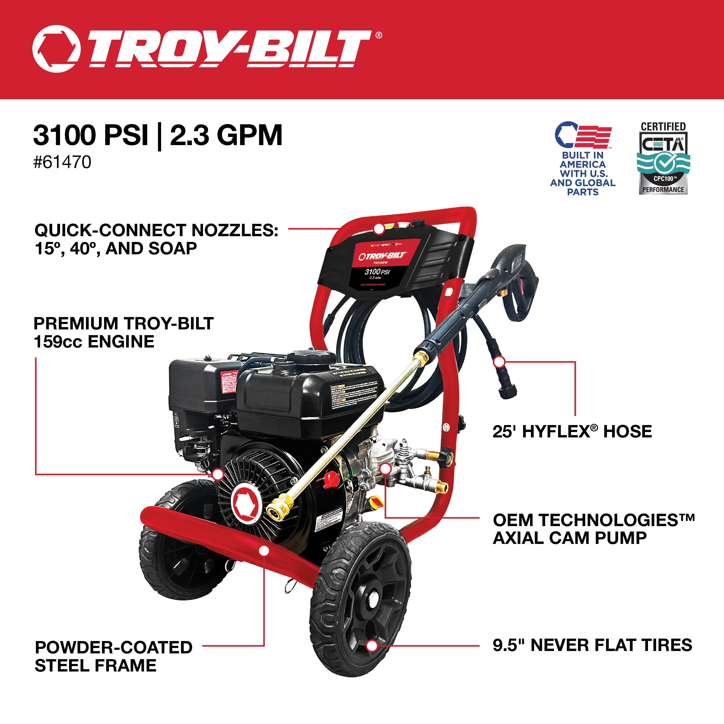 Troy-Bilt 3100 PSI Gas Pressure Washer with 2.3 GPM Axial Cam Pump (3100 PSI) 3h3ni