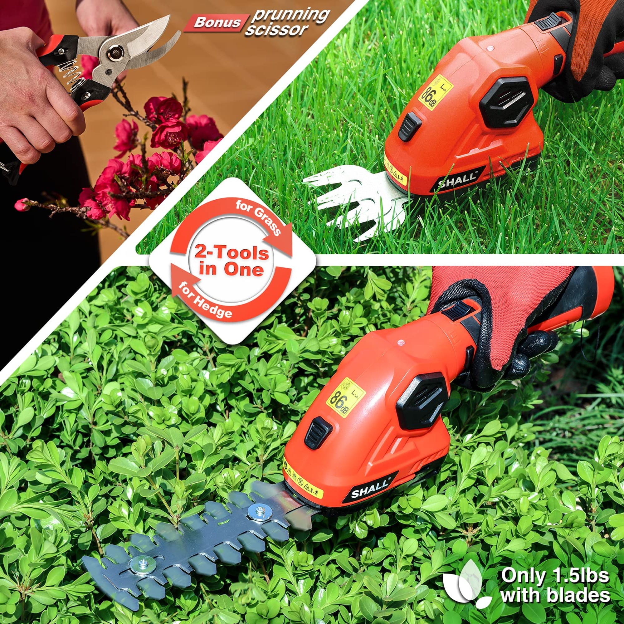 SHALL Cordless Hedge Trimmer and Grass Shear 2-in-1 Electric Garden Tool (1.5 lb) 2aopy