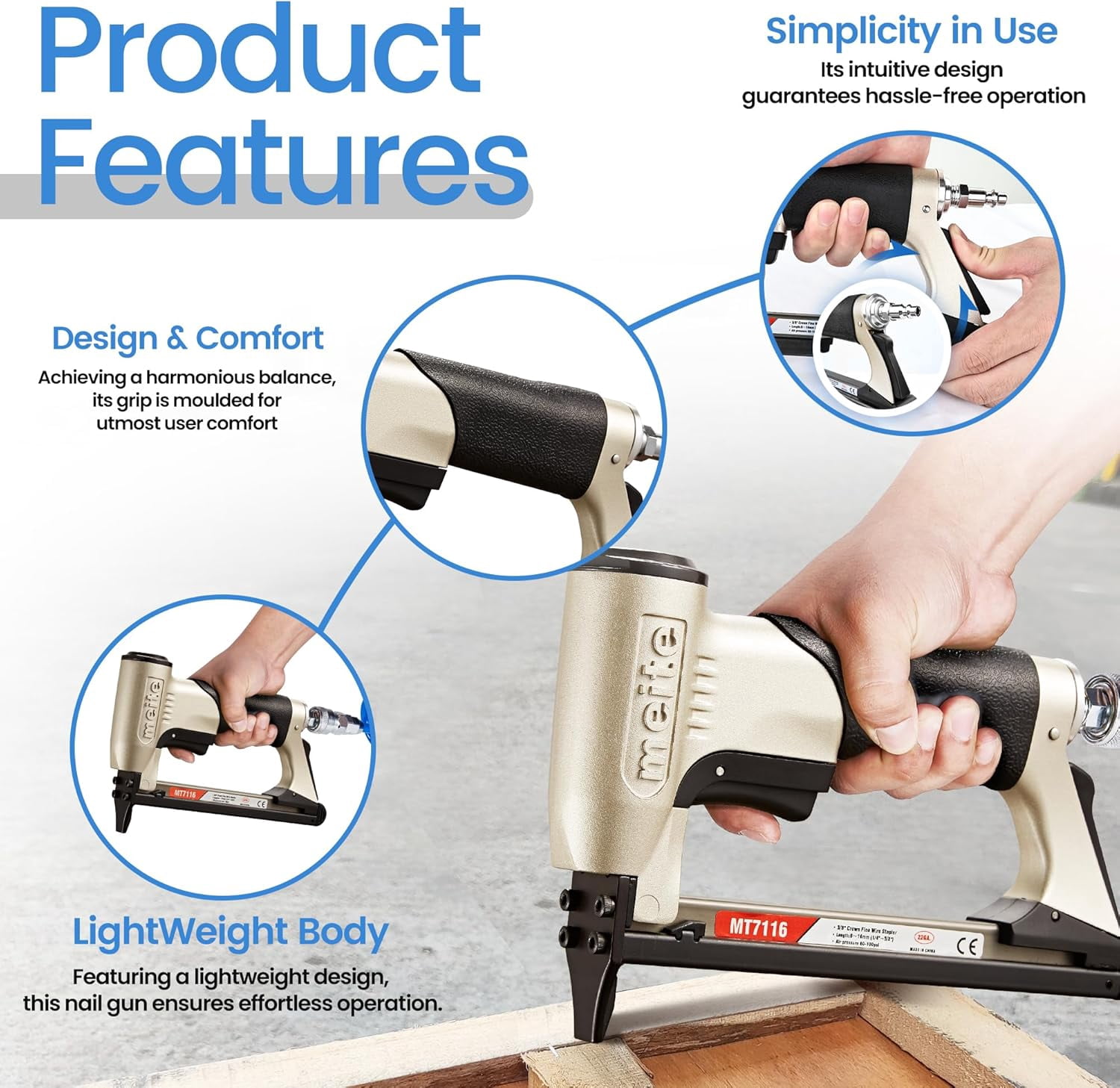 MEITE MT7116 Pneumatic Upholstery Staple Gun (22 Gauge, 3/8 in Crown, 1/4 in to 5/8 in Length) s4jjf
