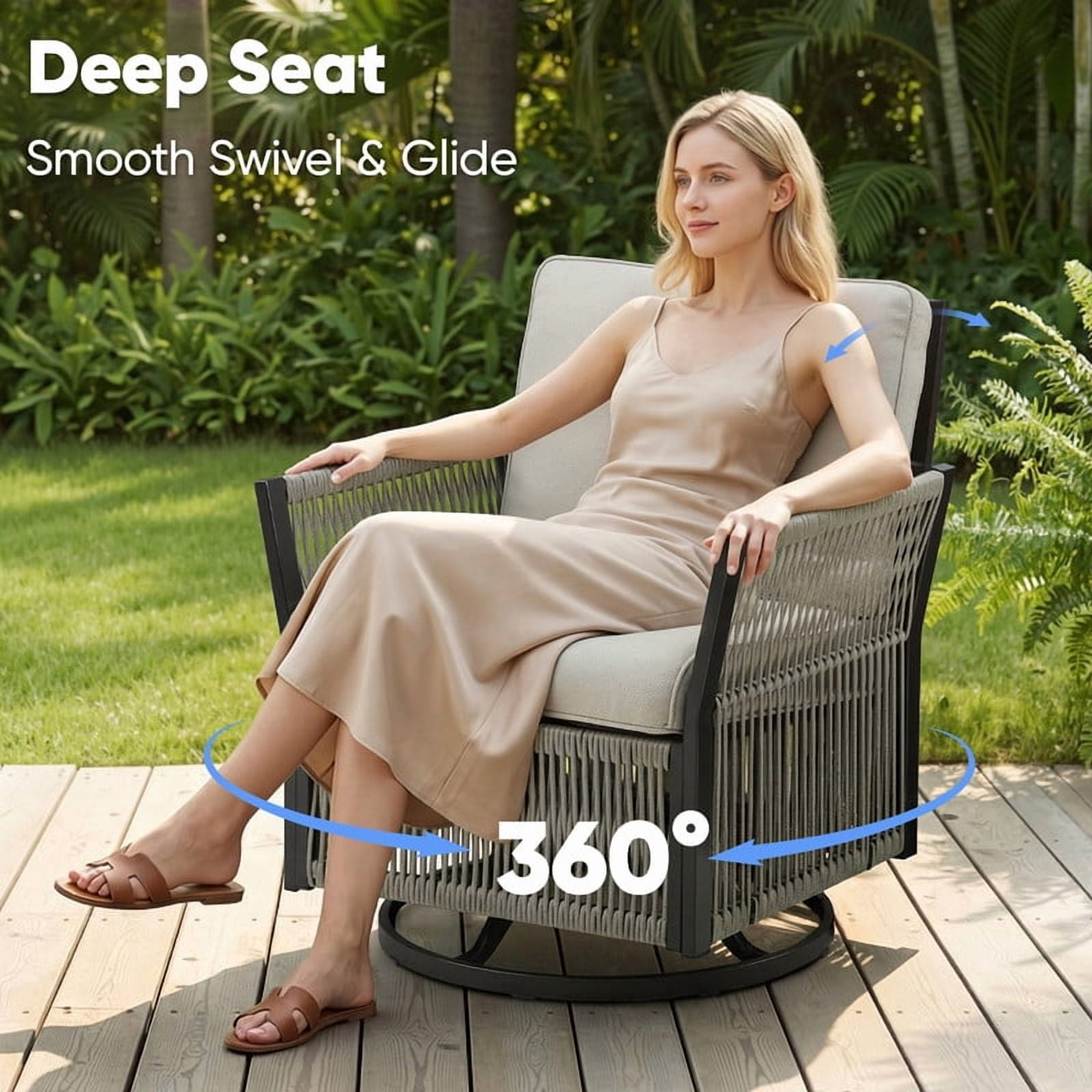 Opohoro Outdoor Swivel Rocking Chair Set, Wicker Patio Furniture with Cushions (Beige, 2-Piece Set) zq6ad