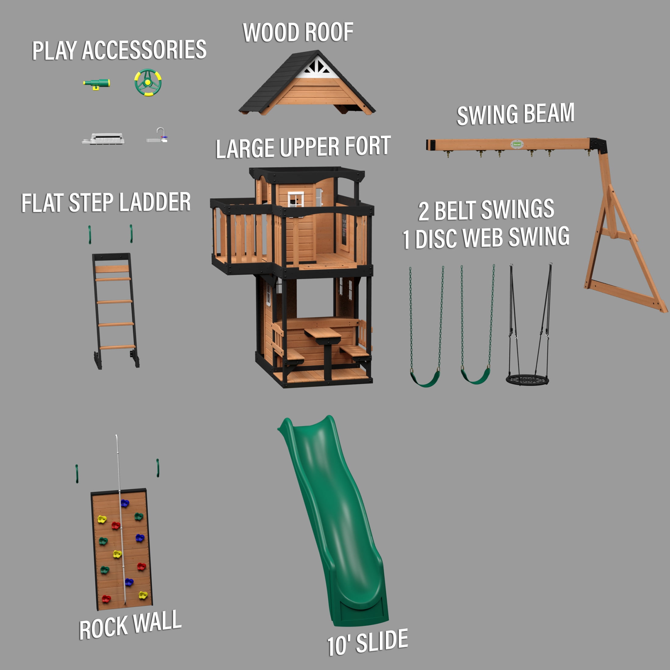 Backyard Discovery Canyon Creek Cedar Wood Swing Set with Slide, Clubhouse, and Rock Wall (Brown, 11-Child Capacity) 0hwjp