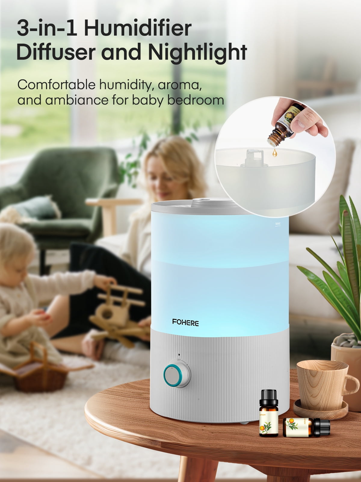 FOHERE Ultrasonic Cool Mist Humidifier for Bedroom and Nursery, Top Fill Essential Oil Diffuser with 7-Color Night Light (White, 0.85 gal) 0tdmr
