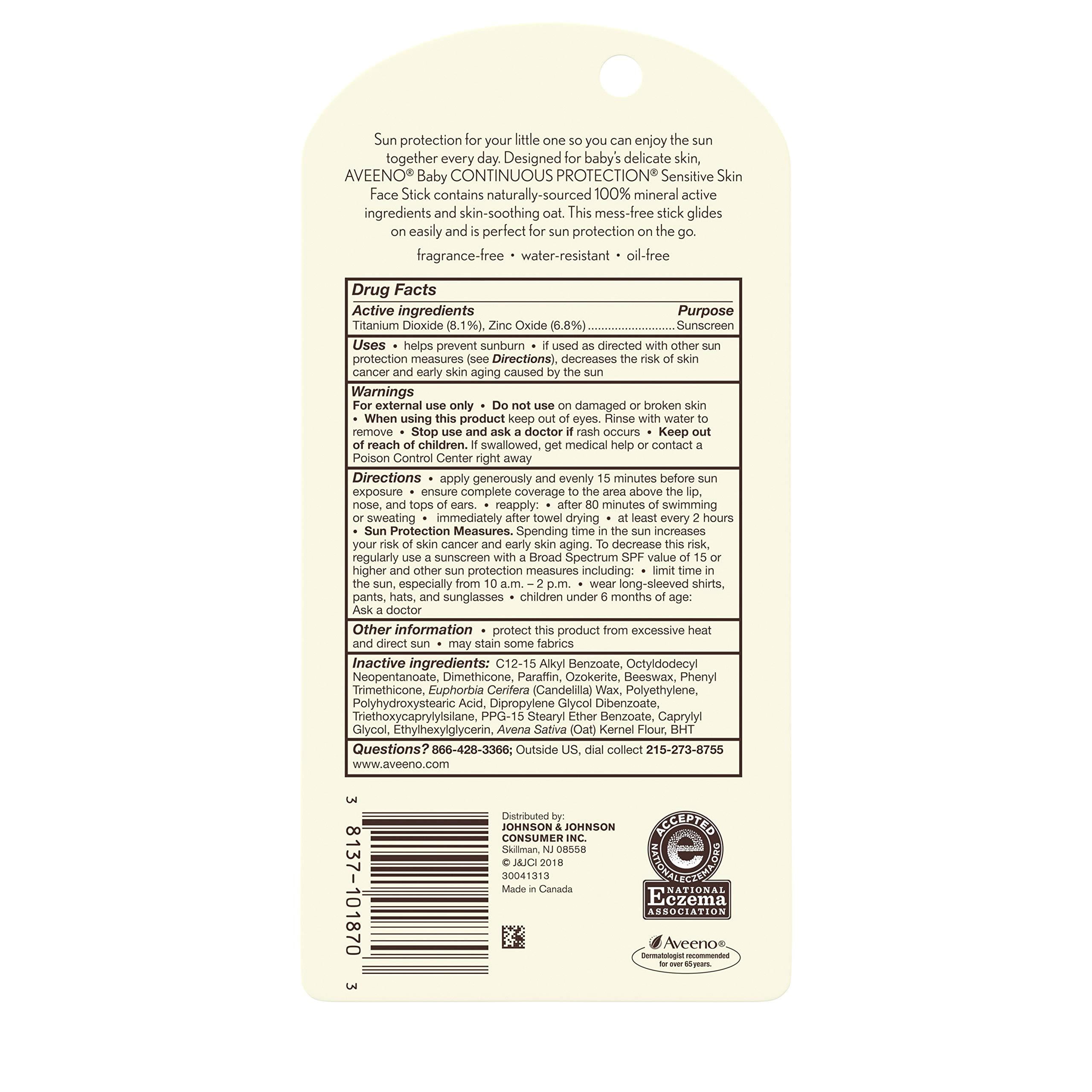 Aveeno Baby Continuous Protection Sensitive Skin Mineral Sunscreen Stick SPF 50 (0.5 oz, Pack of 2) 8u89n