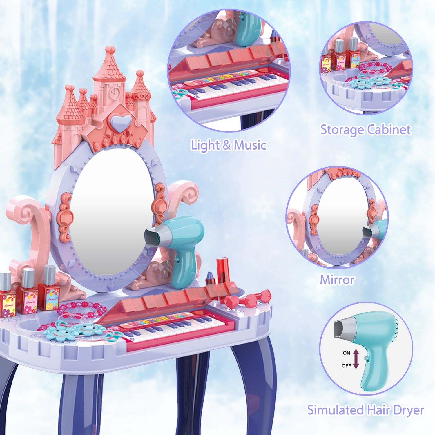 LINXUXIE Toddlers Vanity Dresser Play Set with Musical Piano and Pretend Makeup Accessories (Blue, 21-Piece) b383u