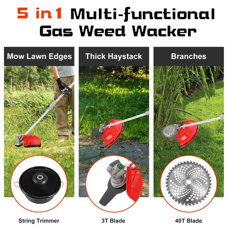 Floseru 52cc 5-in-1 Gas String Trimmer and Multi-Tool Landscaping System (Red, 52cc Engine) cgttt