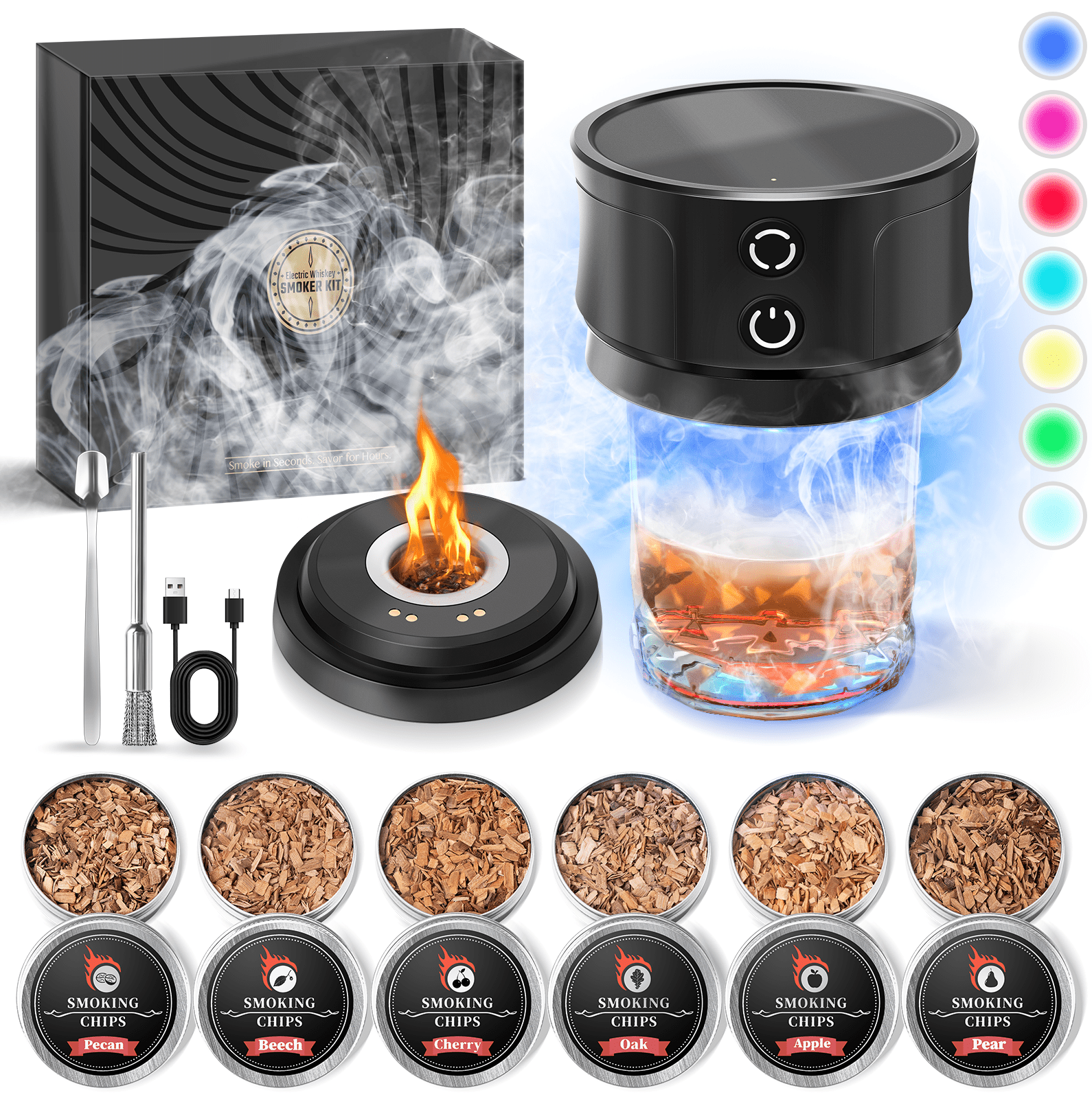 Nurforta Electric Whiskey Smoker Kit with RGB Lights, Portable Cocktail Infuser with 6 Wood Chip Flavors (Black, 3.9 in x 3.9 in x 3.5 in) 695iu