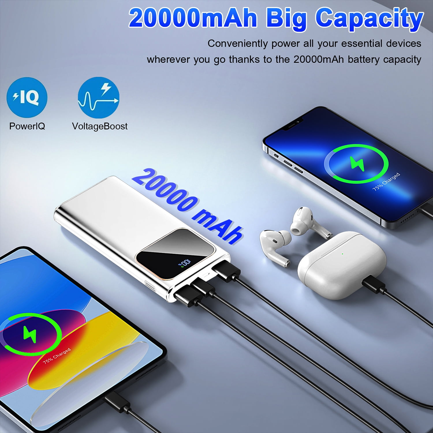 Btootos 20000mAh Portable Charger, 22.5W Fast Charging Power Bank with LED Display and USB-C Output (White, 7x3x1 in) k11dl