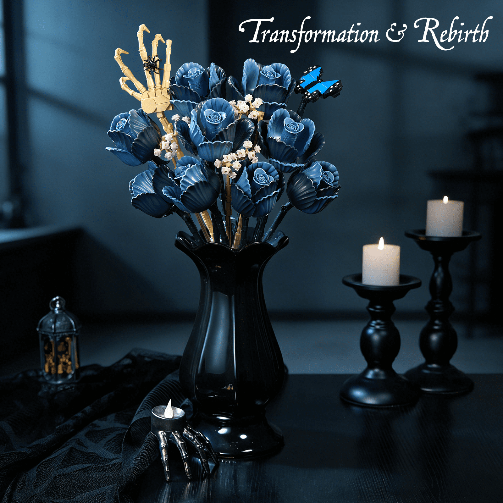 BuildingBoat Skull Bouquet Building Block Set Gothic Rose Flower Decor (Blue, 1 Set) xvpv0