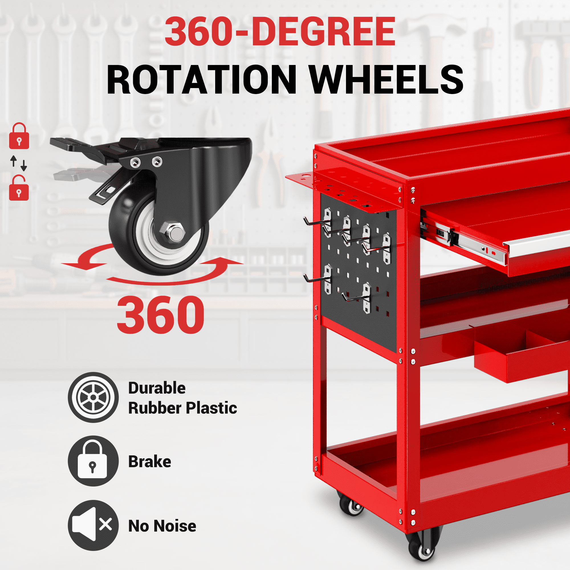 GEWNA 3-Tier Metal Rolling Utility Cart, Heavy Duty Storage Organizer with Lockable Drawer (Black, 330 lb Capacity) skads