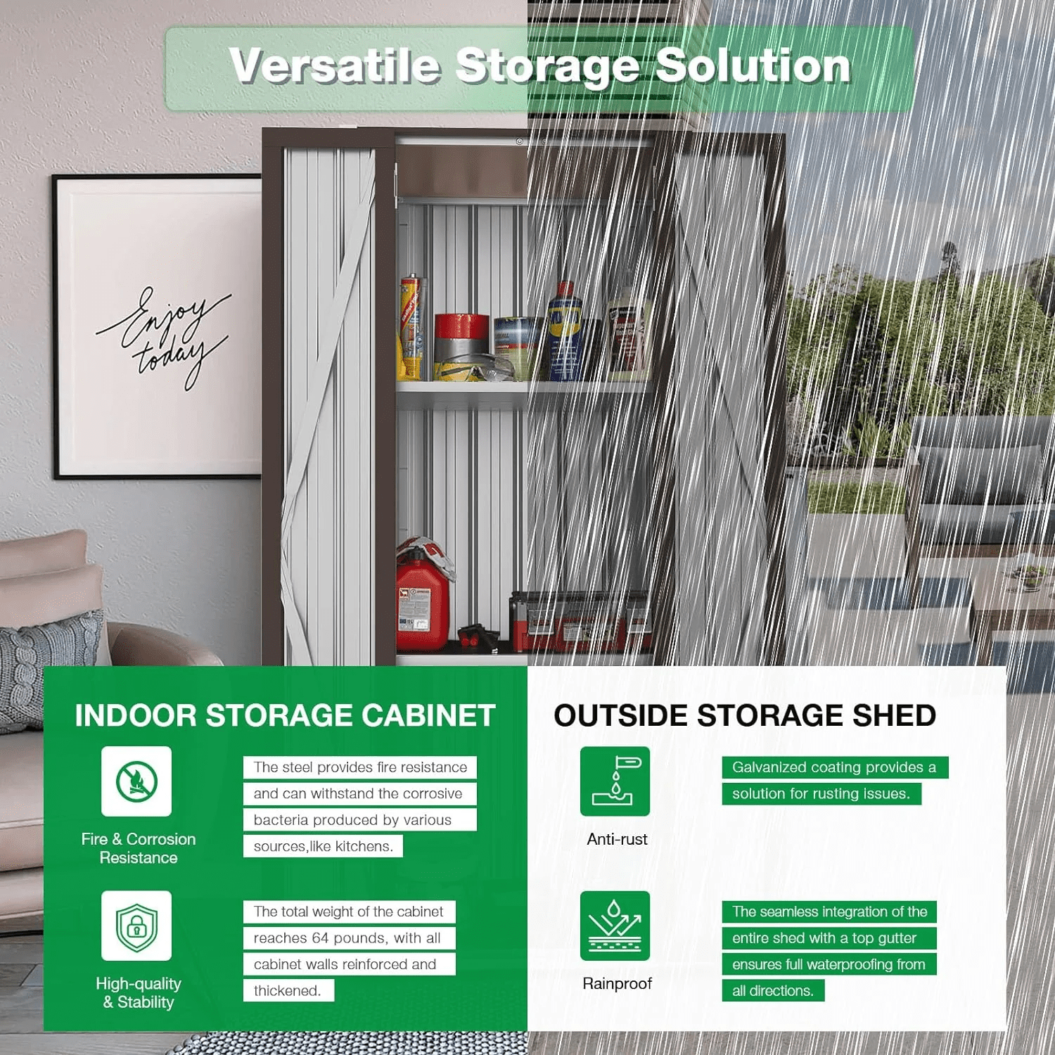 AECOJOY Outdoor Storage Cabinet Metal Organizer with Adjustable Shelves and Lockable Doors (Brown) bisja