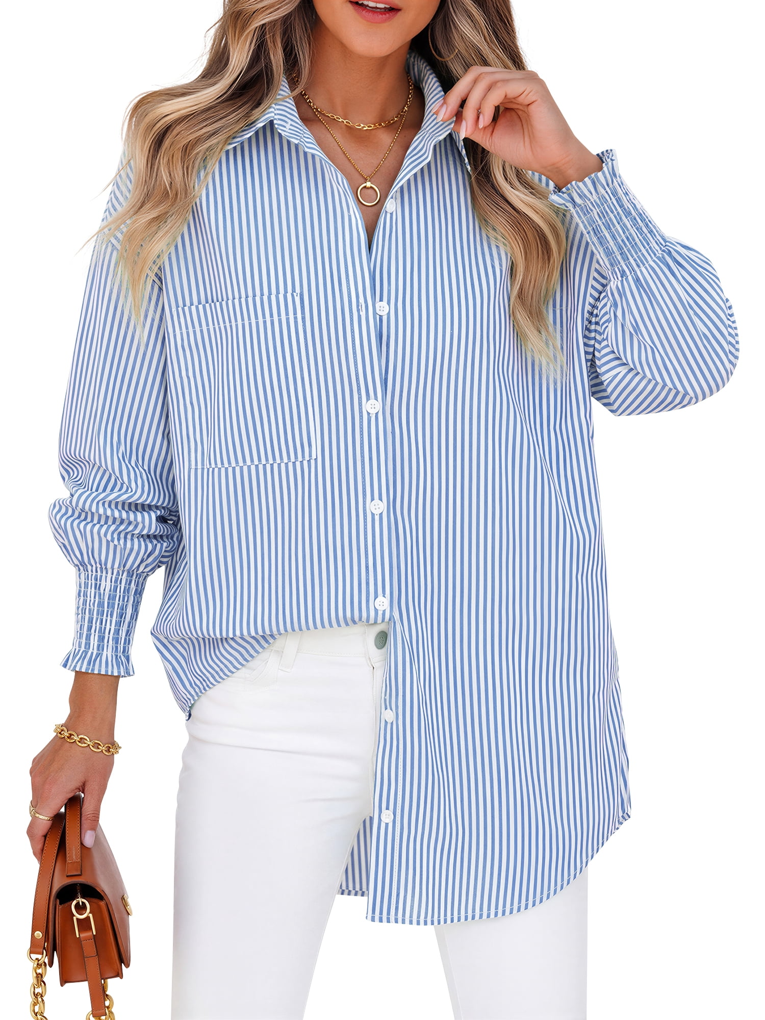 Fantaslook Women's Striped Button Down Shirt Long Sleeve Blouse with Pocket (Blue, M) 43399