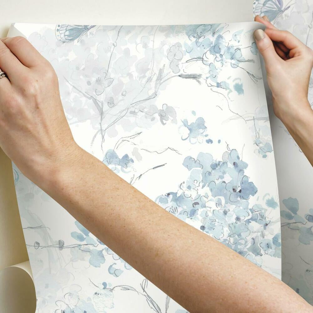 RoomMates Spring Cherry Blossoms Peel and Stick Wallpaper (Blue, 18 in x 18.86 ft) hohn8