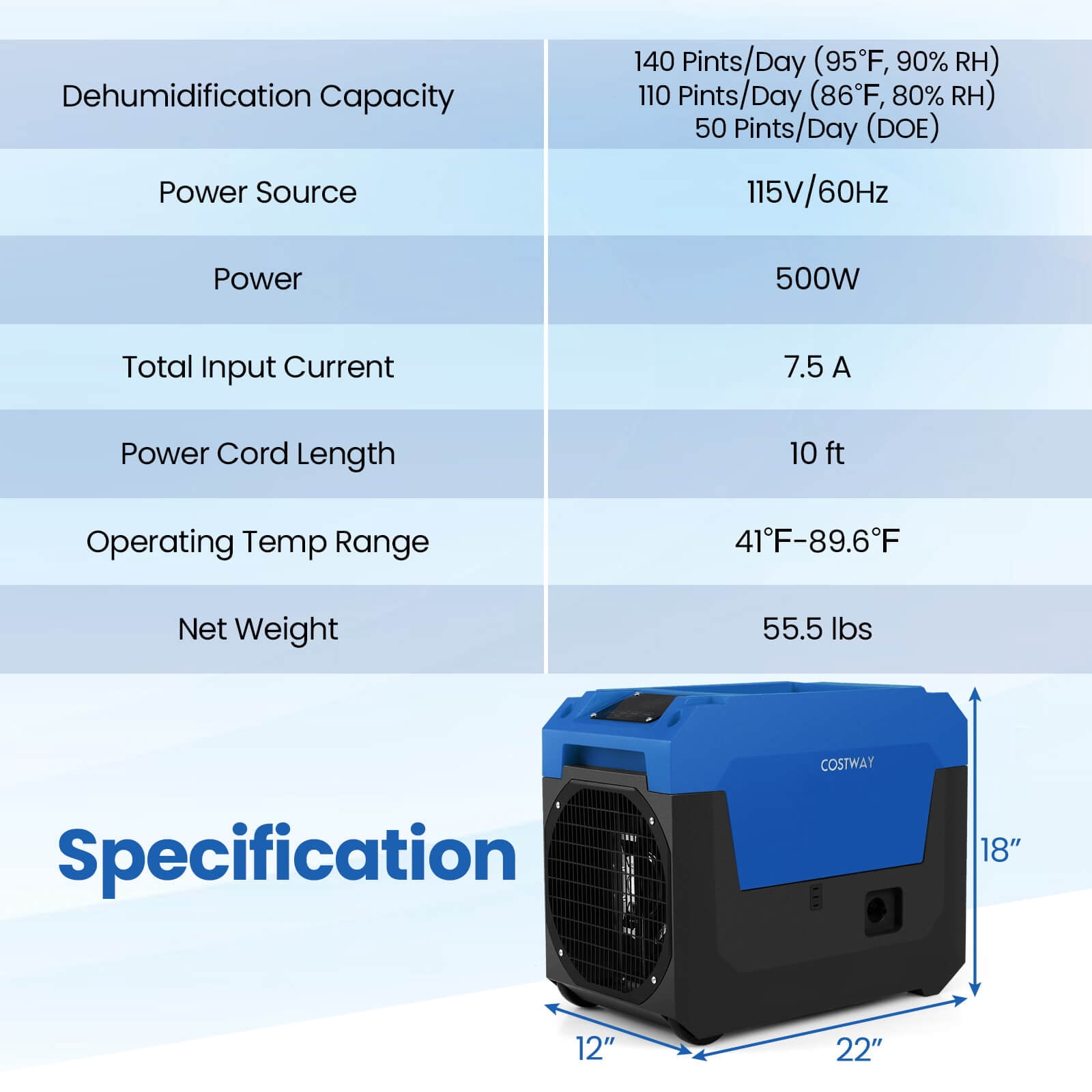 Costway Commercial Dehumidifier with Built-in Pump and Drain Hose for Basements and Job Sites (Blue, 50-Pint) 2k0bp
