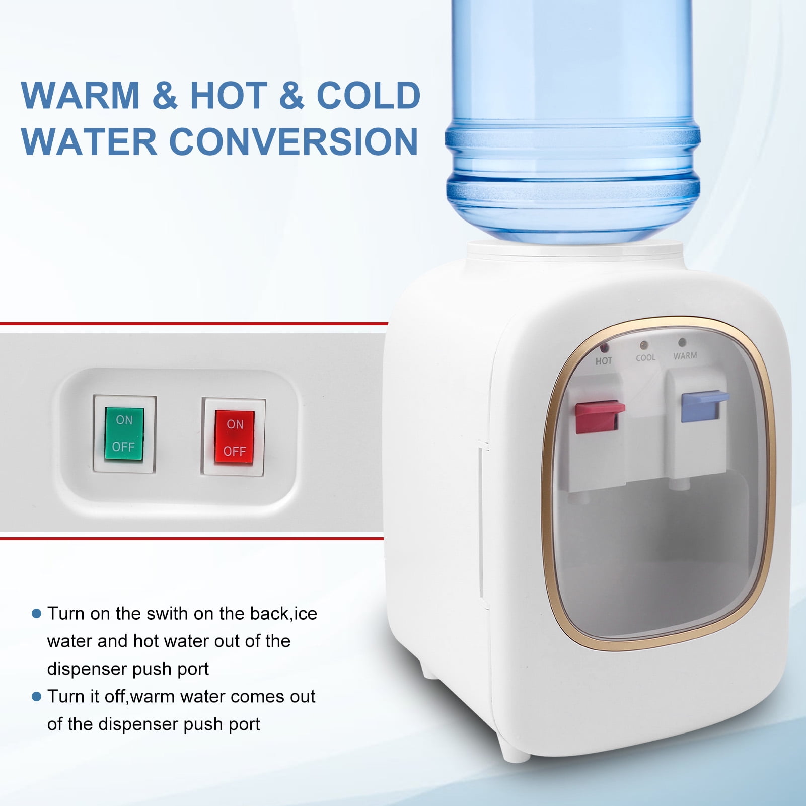 Fyydes Countertop Water Cooler Dispenser, 3-Temperature Settings, Top Loading for 3 & 5 Gallon Jugs (White) nqigm