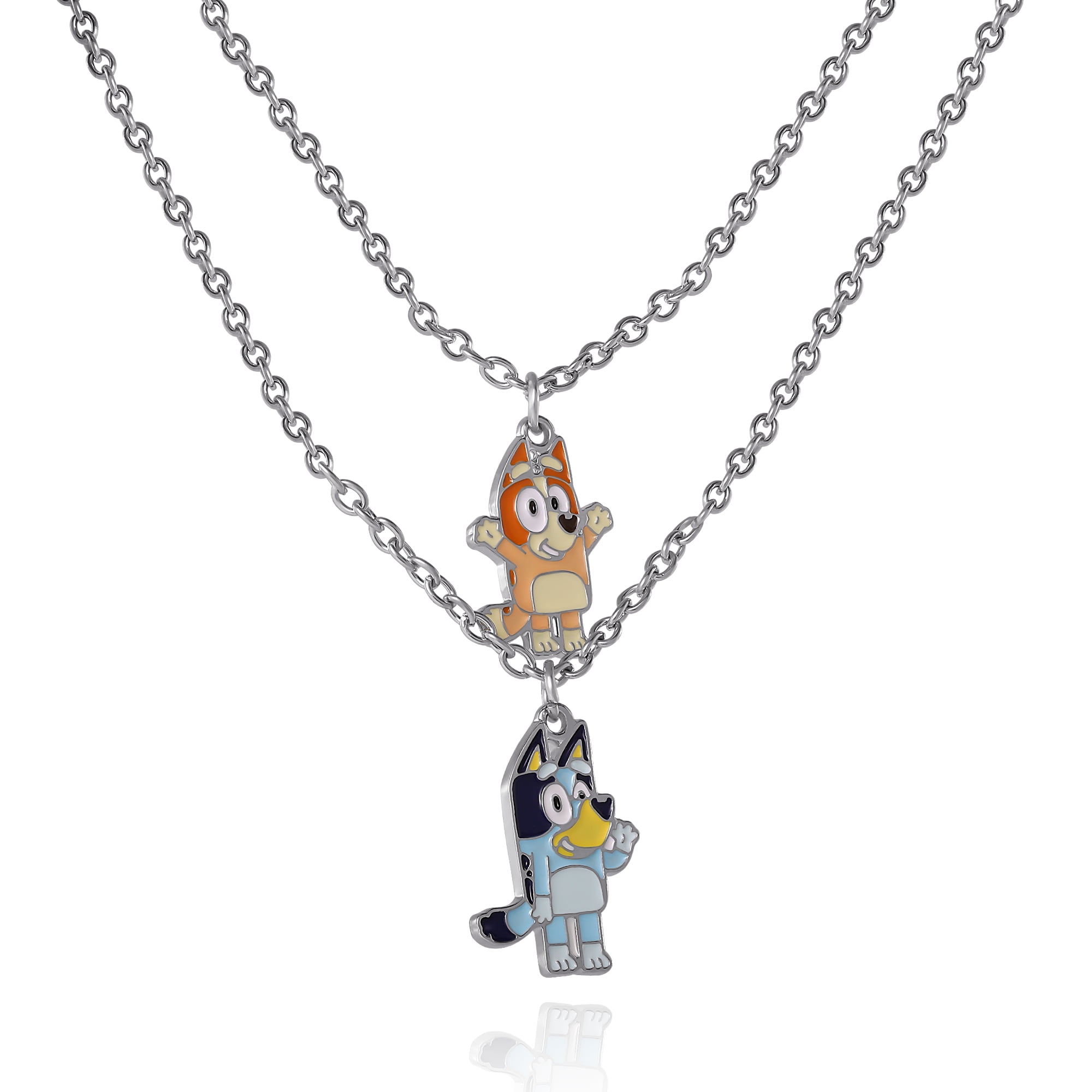 Bluey & Bingo Layered Pendant Necklace (Silver Tone, 16 in) 4ic7m