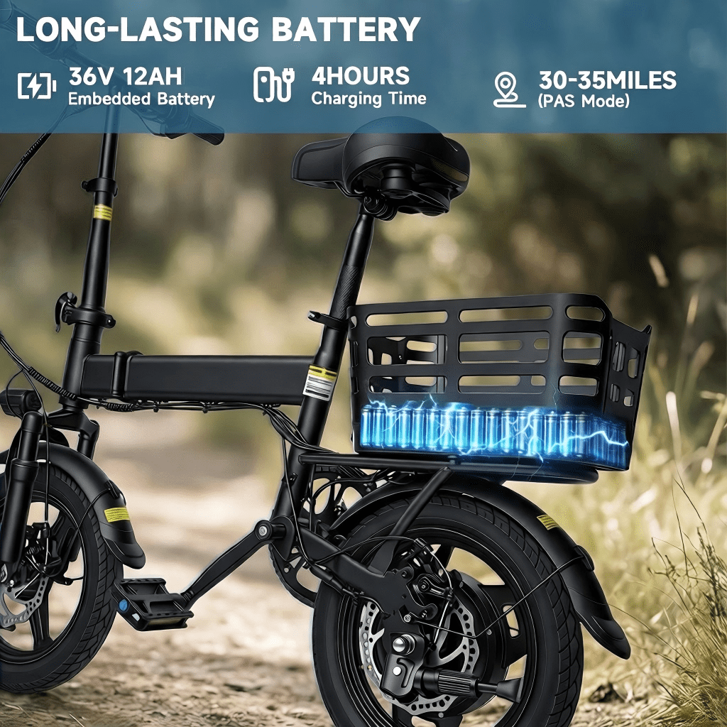 XLNEFNZ Folding Electric Bike, 500W Motor 20MPH E-Bike with Rear Basket and Dual Suspension (14 in Wheel, Black) zshoj