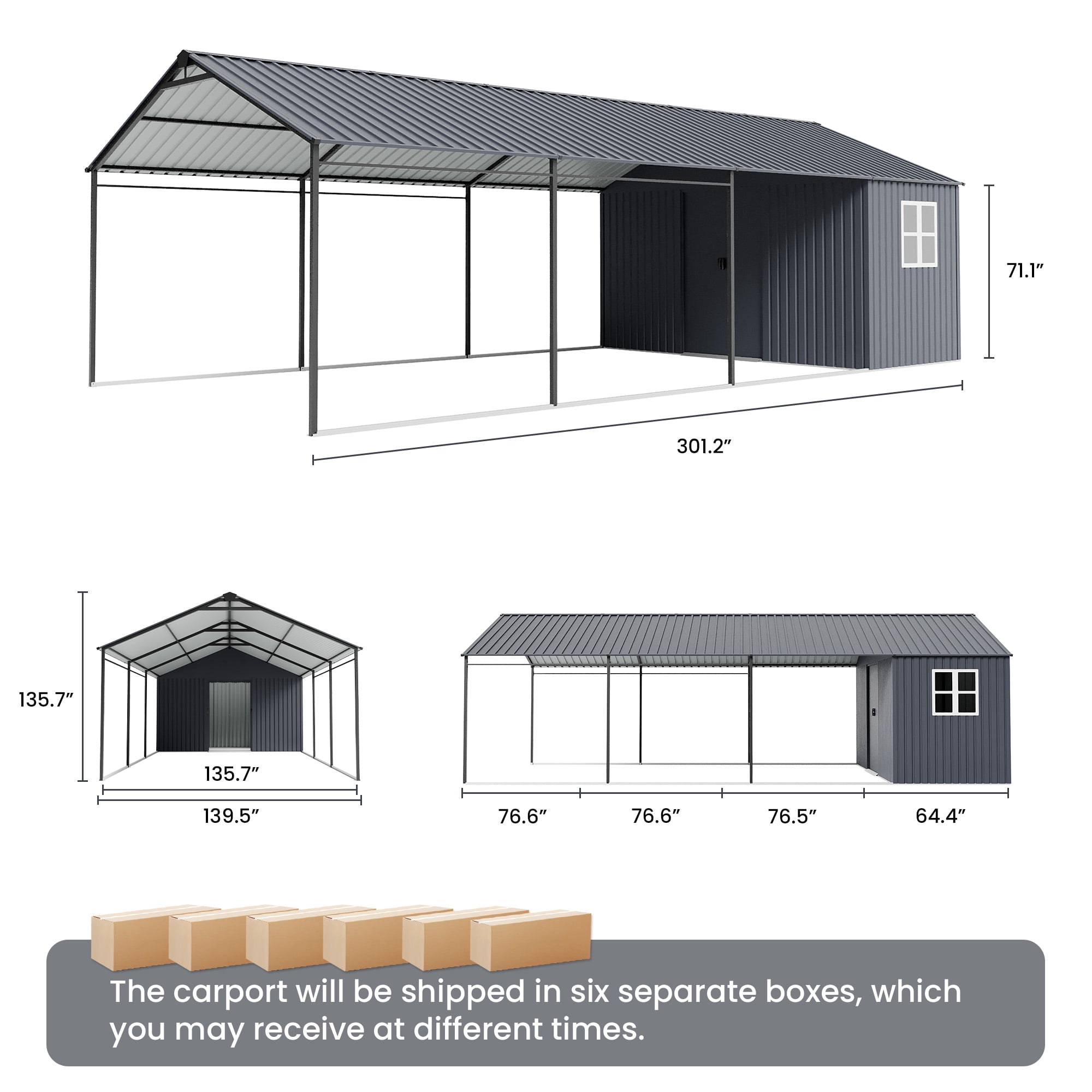 FOROUTIA Heavy-Duty Metal Carport with Integrated Storage Shed, All-Weather Outdoor Garage Shelter for Vehicles and Equipment (Dark Gray, 12 ft x 25 ft) zr1rq