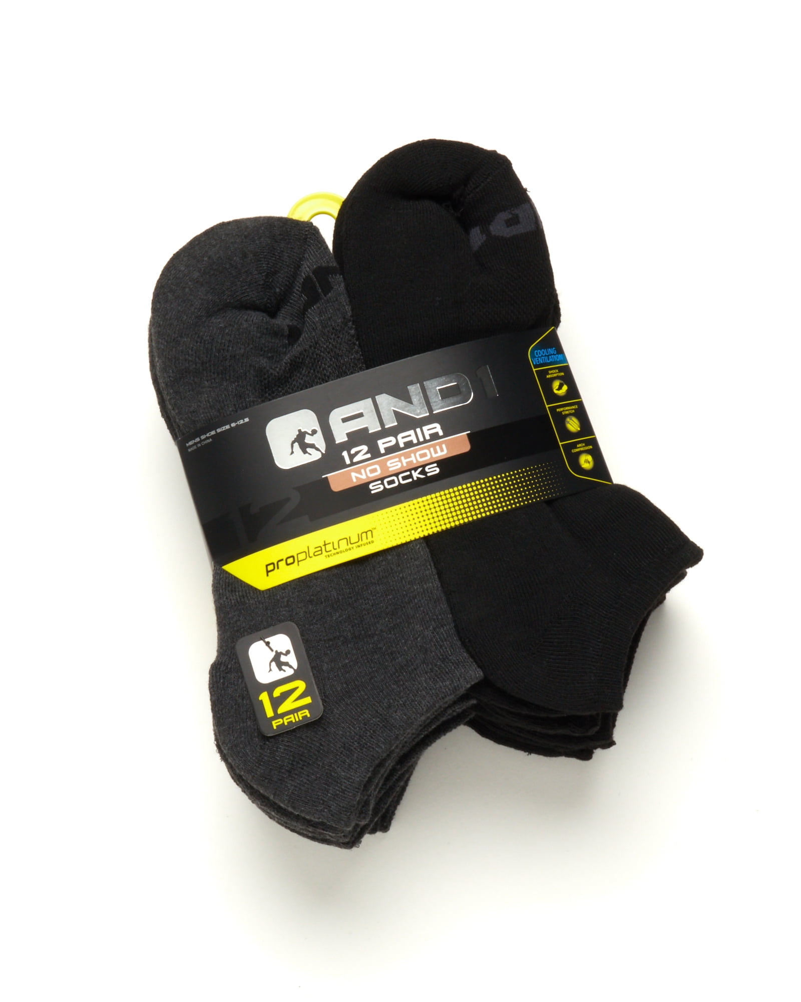 AND1 Men's Cushion No Show Socks, Arch Support Athletic Performance (Black, 12 Pack) ap2nb