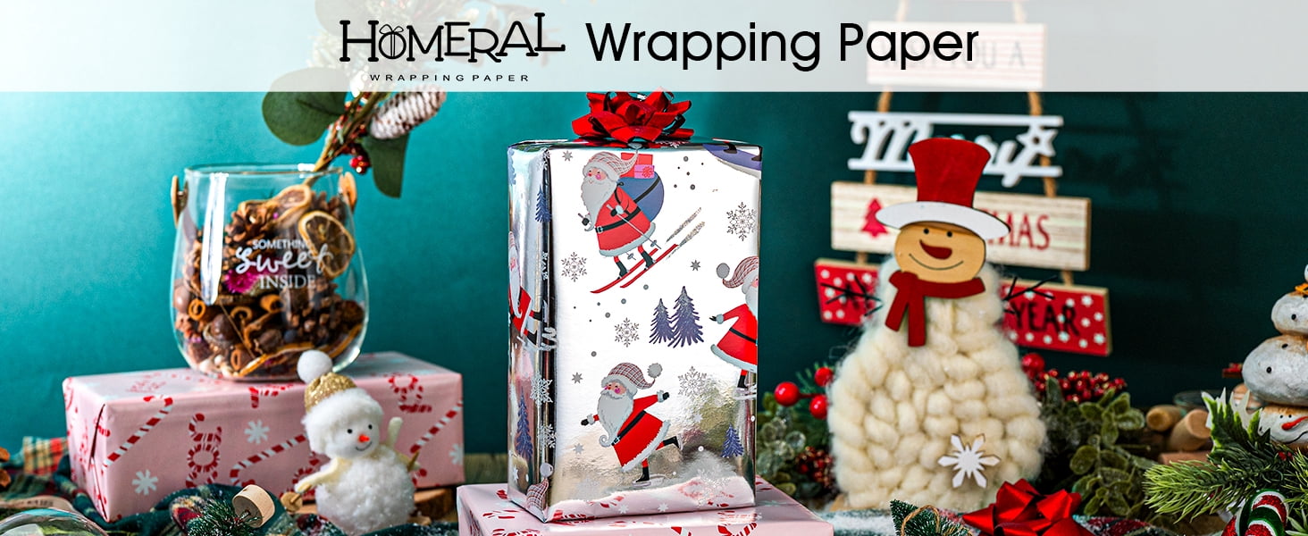 HOMERAL Christmas Wrapping Paper Roll, Festive Holiday Gift Wrap with Santa Claus and Candy Cane Patterns (White, 17 in x 33 ft) dvn11