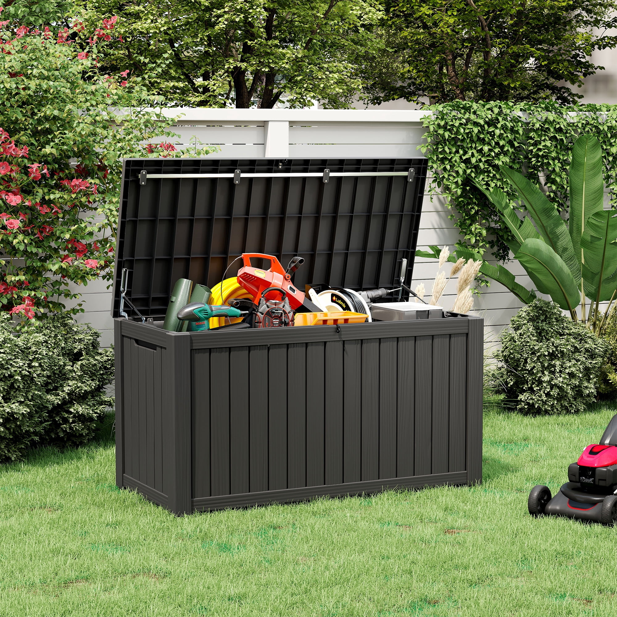 Bifanuo 150 Gallon Outdoor Storage Deck Box, Waterproof Resin Patio Organizer with Steel Beams (Black, 54.3 in x 26.5 in x 28.7 in) yh5gu