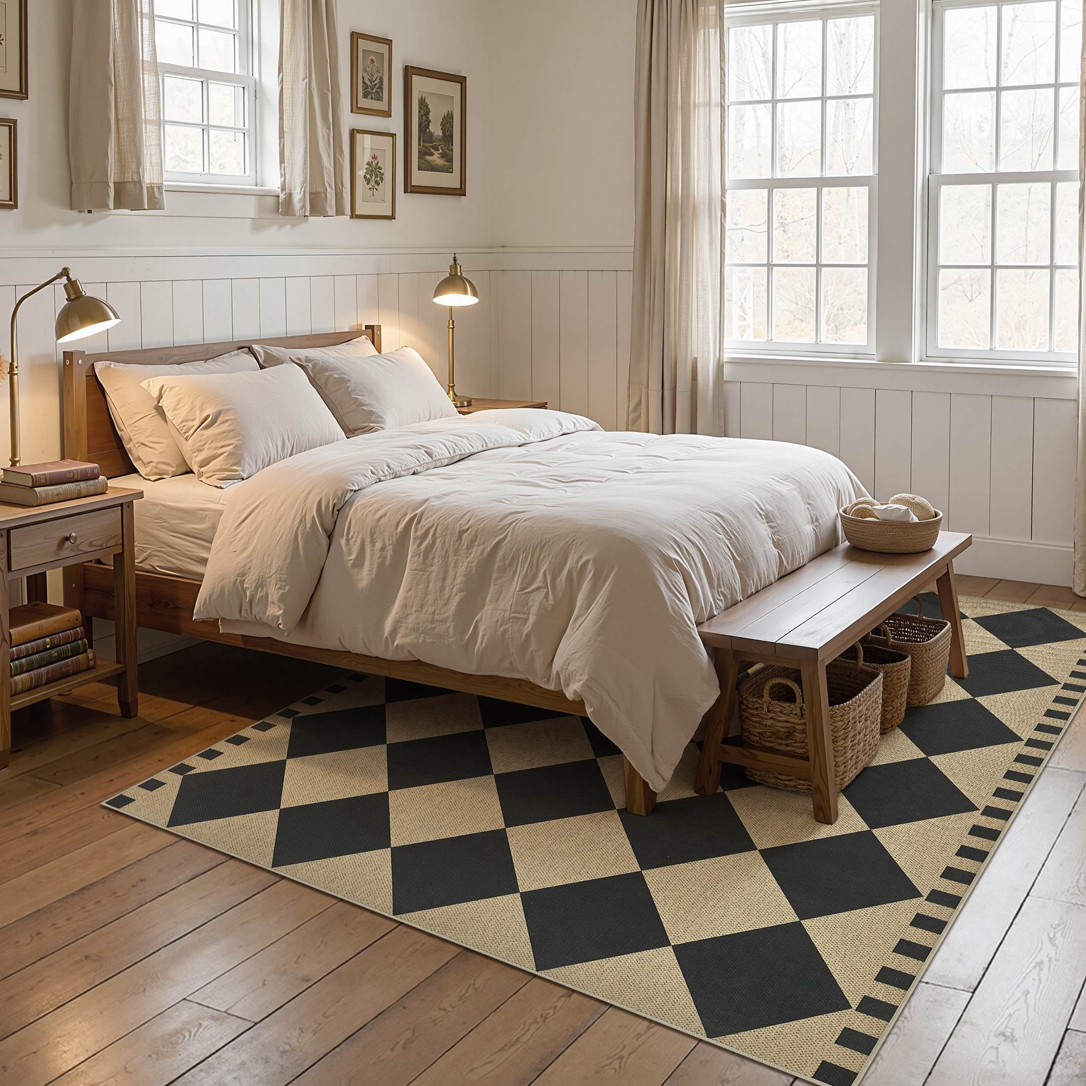 UERMEI Checkered Geometric Area Rug, Non-Slip Washable Farmhouse Carpet for Living Room and Dining Room (Black, 5 ft x 7 ft) l34aq