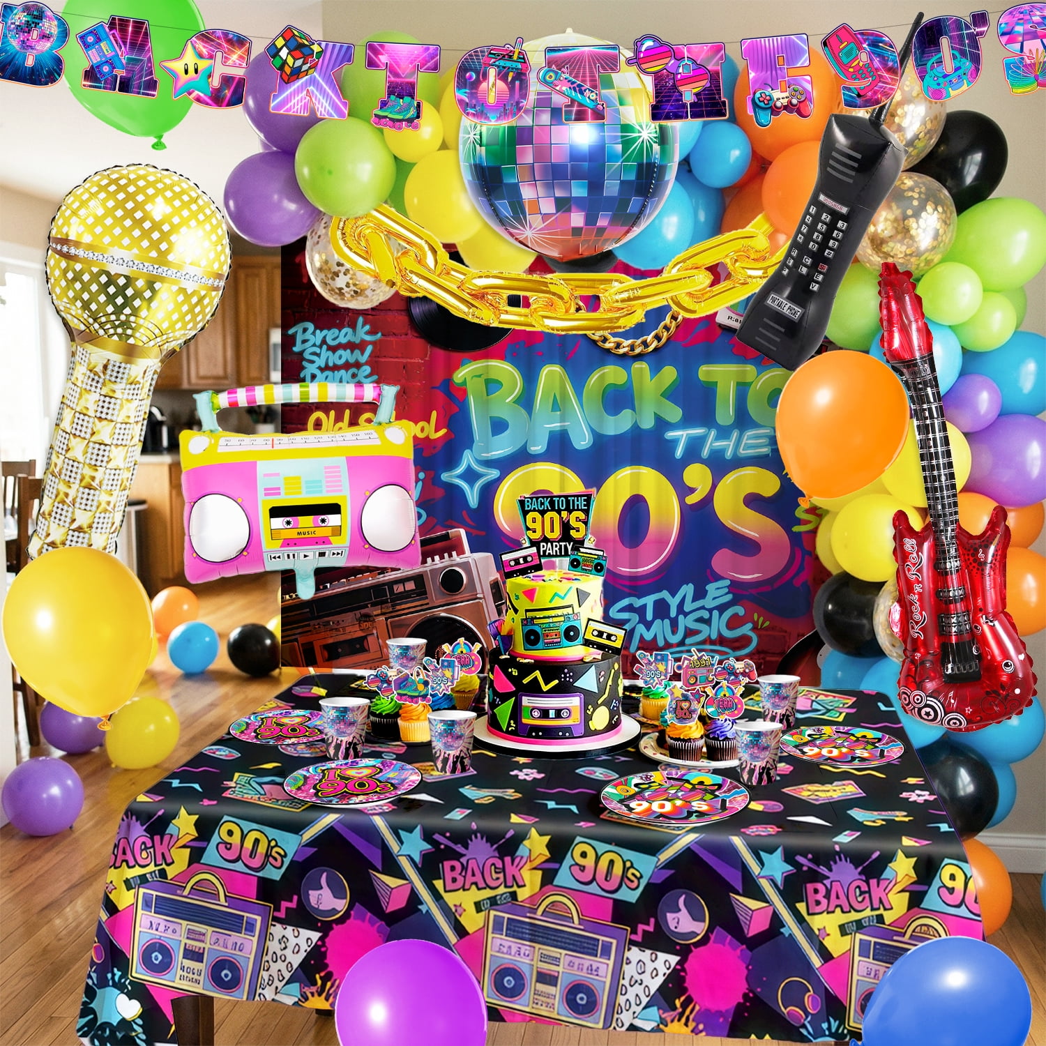 ElifJoyDeco 90s Party Decorations Birthday Supplies Set with Backdrop Balloons and Tableware (128 Pieces) swqdf
