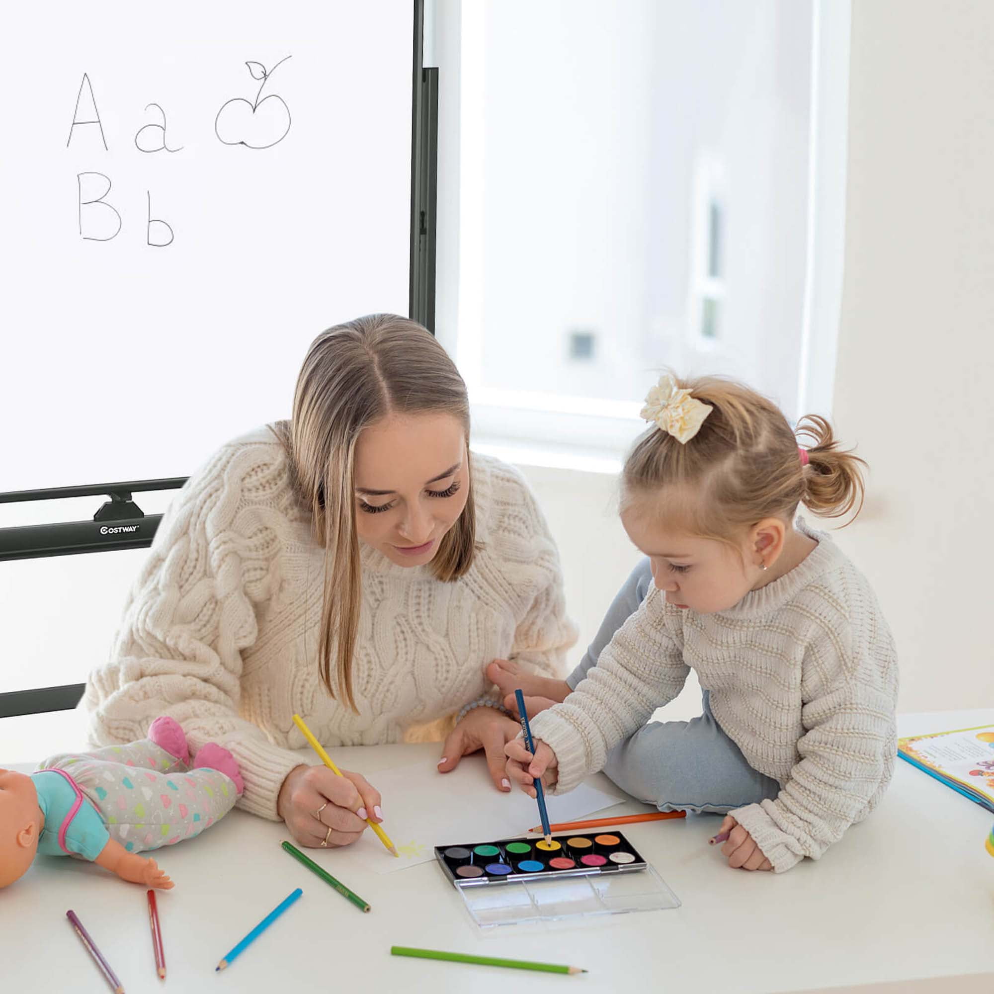 Costway Magnetic Double-Sided Reversible Whiteboard (White, 48 in x 36 in) 3m6us