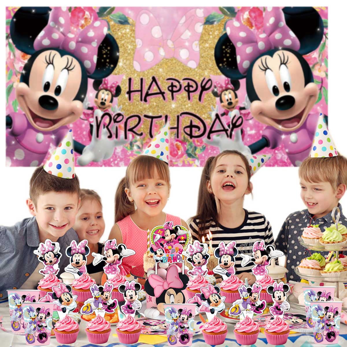 LINLUUAS Minnie Mouse Birthday Party Decoration Set with Honeycomb Centerpieces and Backdrop (21 Piece Set) f33gy